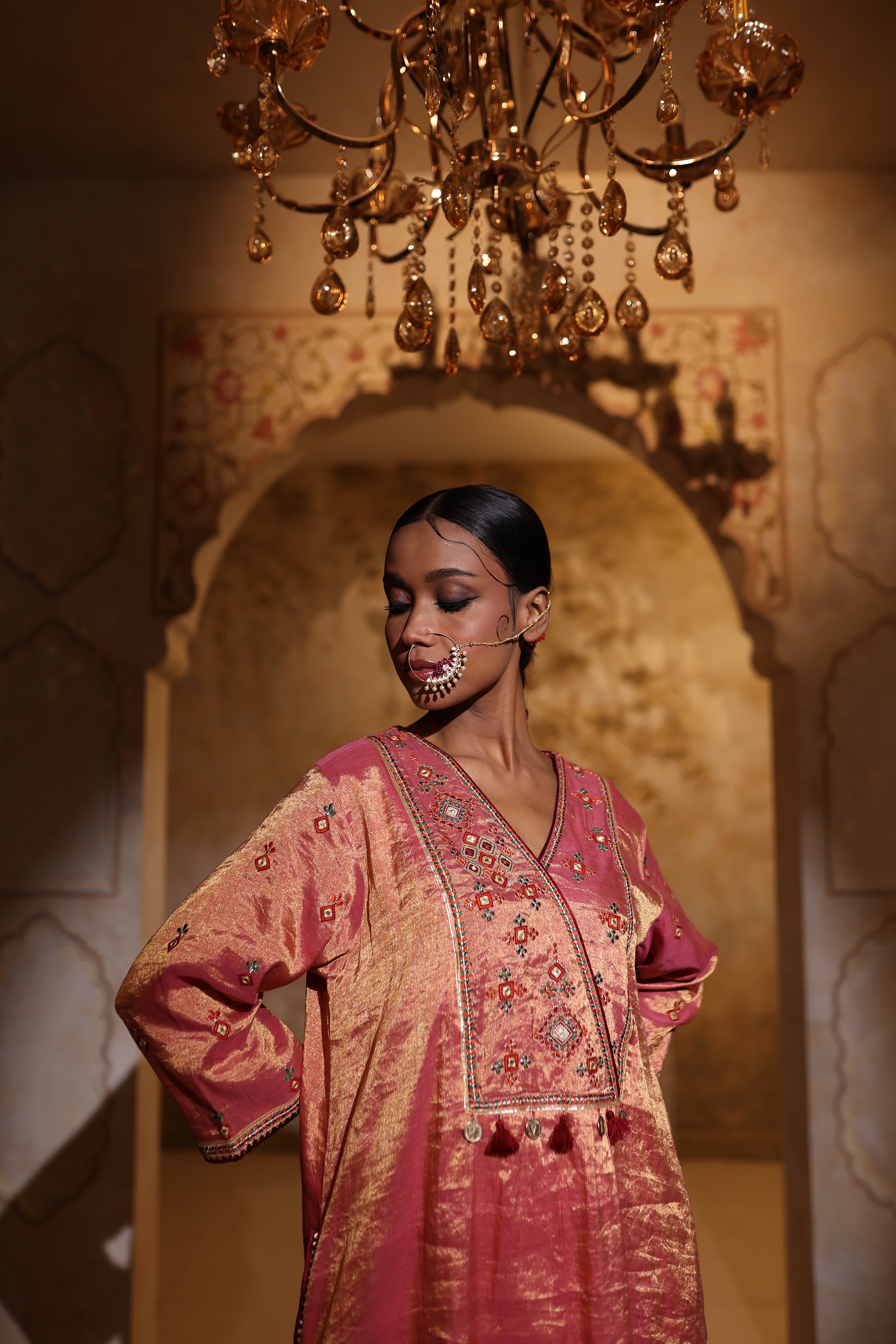 Designer festive kurta and pants in pink silk tissue with thread & gota intricate embroidery and organza dupatta .