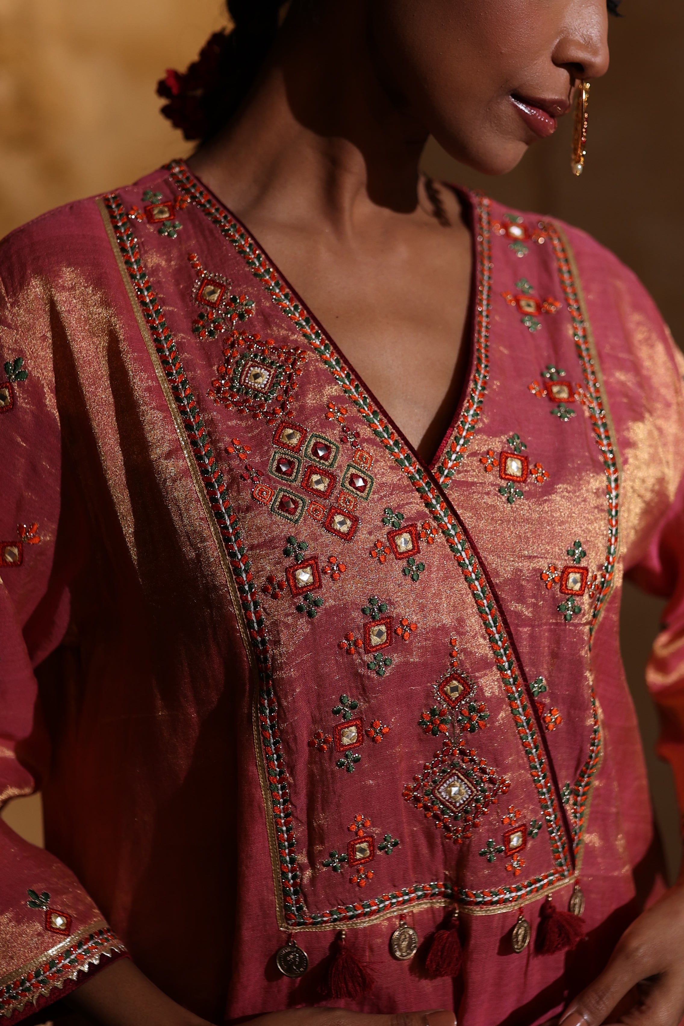 Designer festive kurta and pants in pink silk tissue with thread & gota intricate embroidery and organza dupatta .