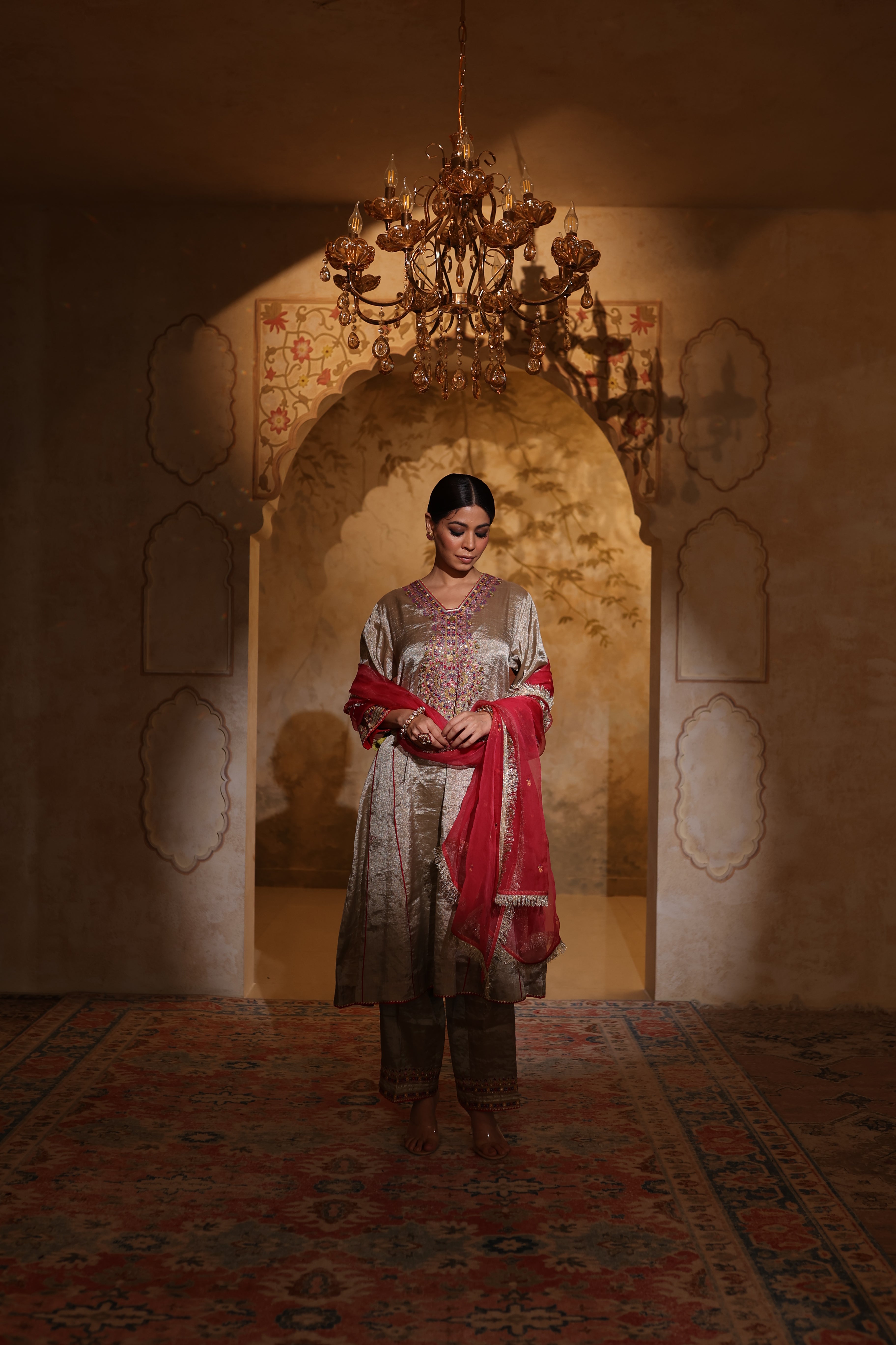 Antique silver tissue kurta set with intricate embroidery from Shayari Collection by House of AAS