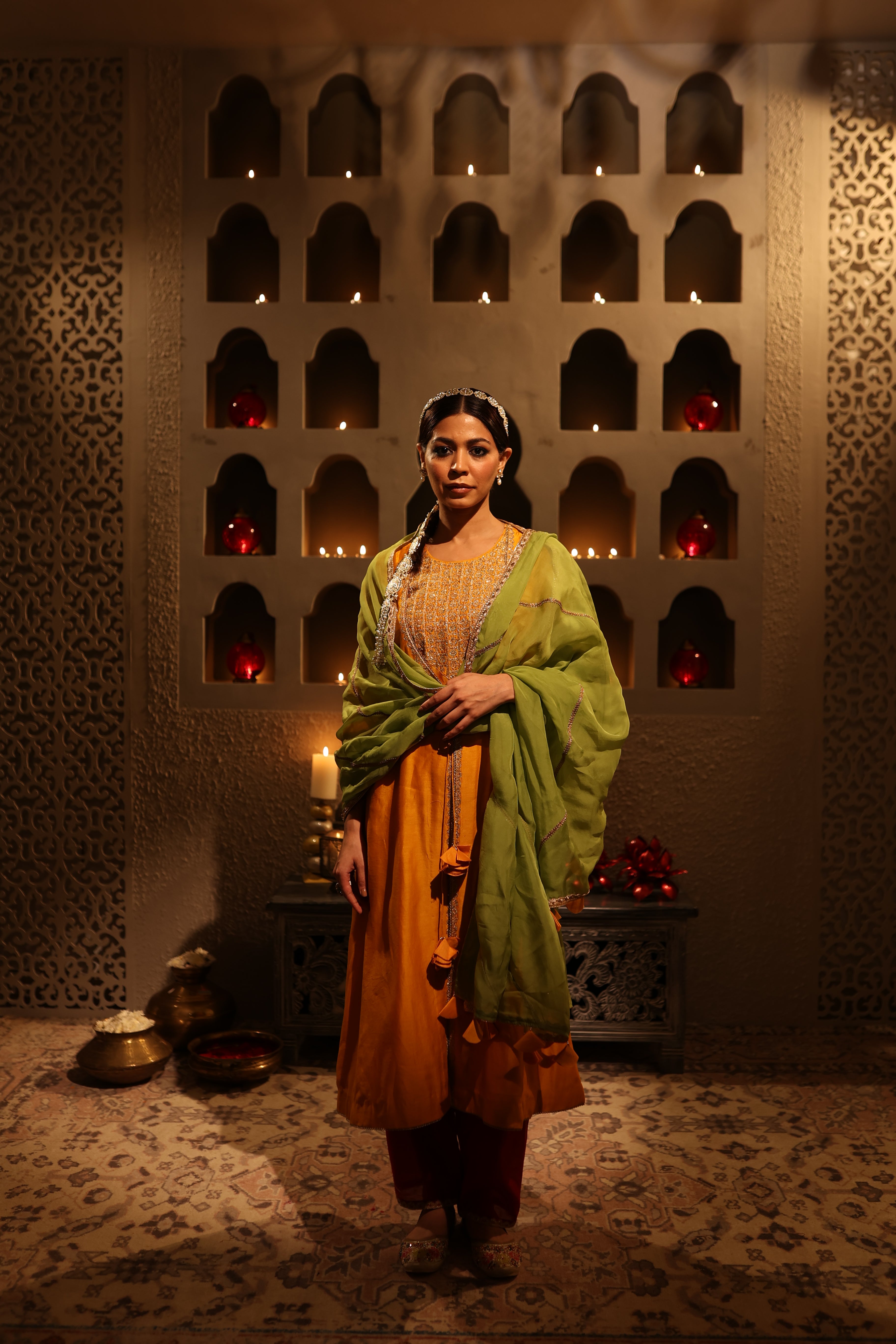 Model wearing mustard yellow Chanderi suit with aari tari embroidery – Moseequi collection, House of AAS