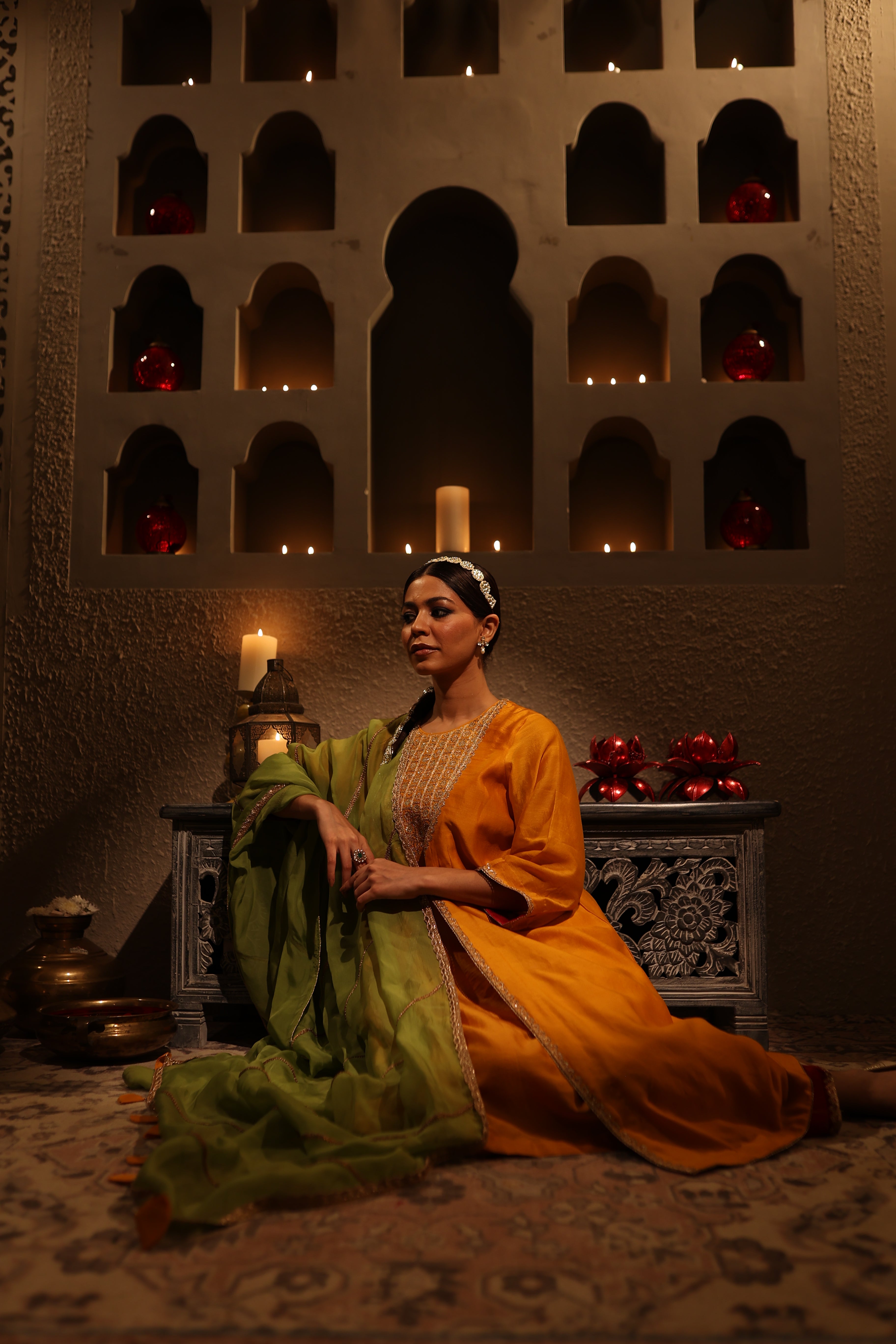 Model wearing mustard yellow Chanderi suit with aari tari embroidery – Moseequi collection, House of AAS