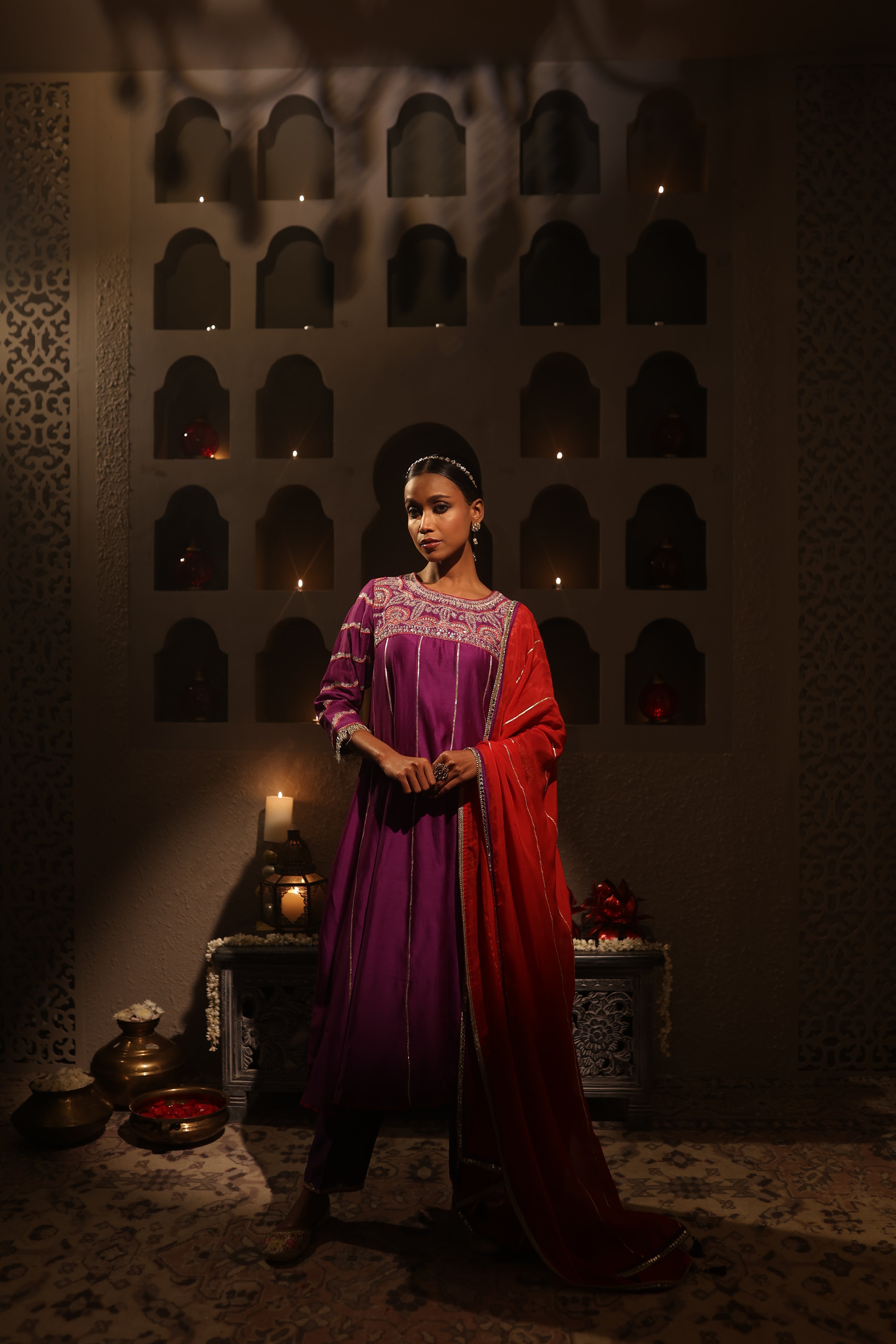 Purple Chanderi suit with intricate aari tari embroidery, red dupatta, and bottoms from Moseequi Collection by House of AAS – festive and wedding wear.