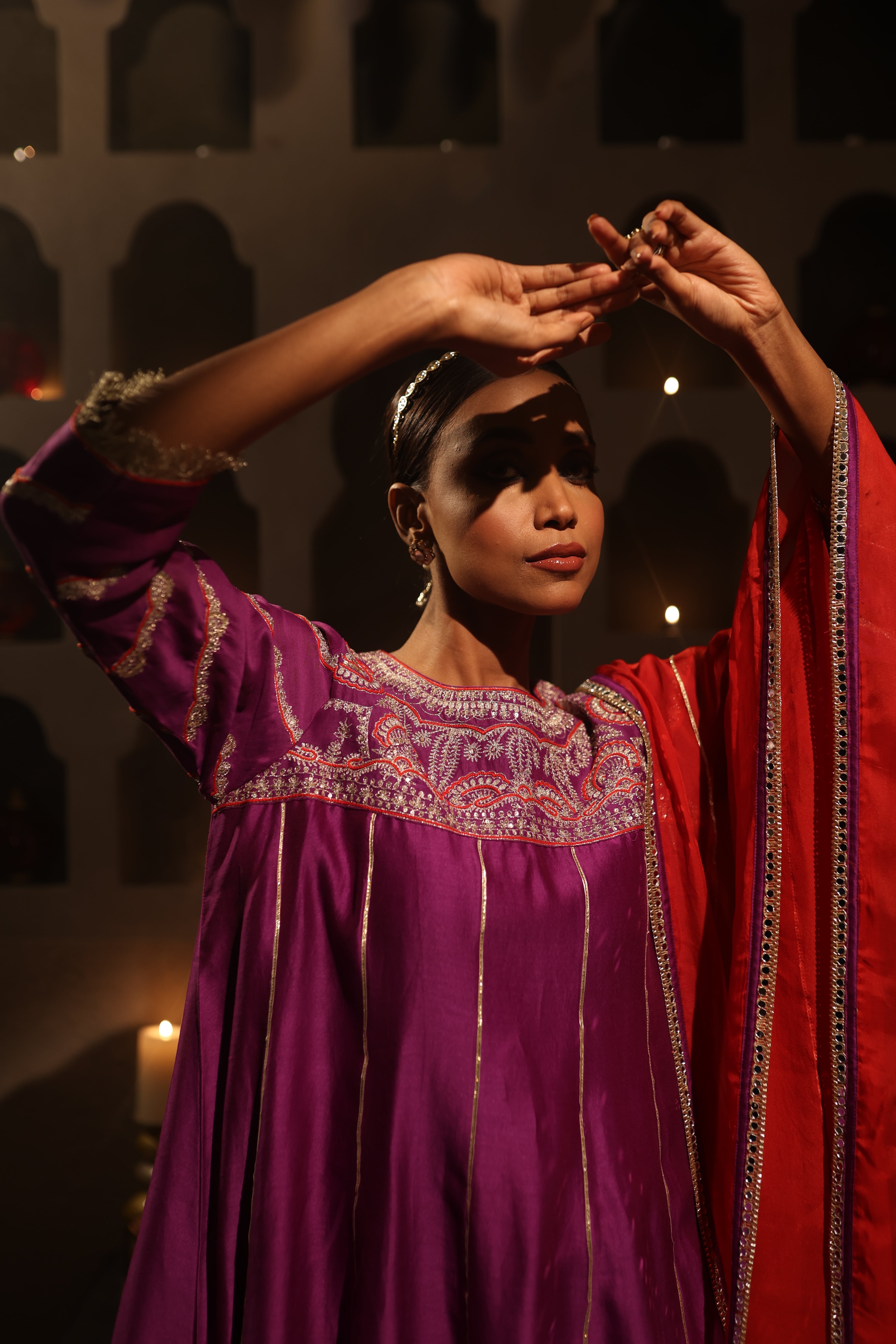 Purple Chanderi suit with intricate aari tari embroidery, red dupatta, and bottoms from Moseequi Collection by House of AAS – festive and wedding wear.