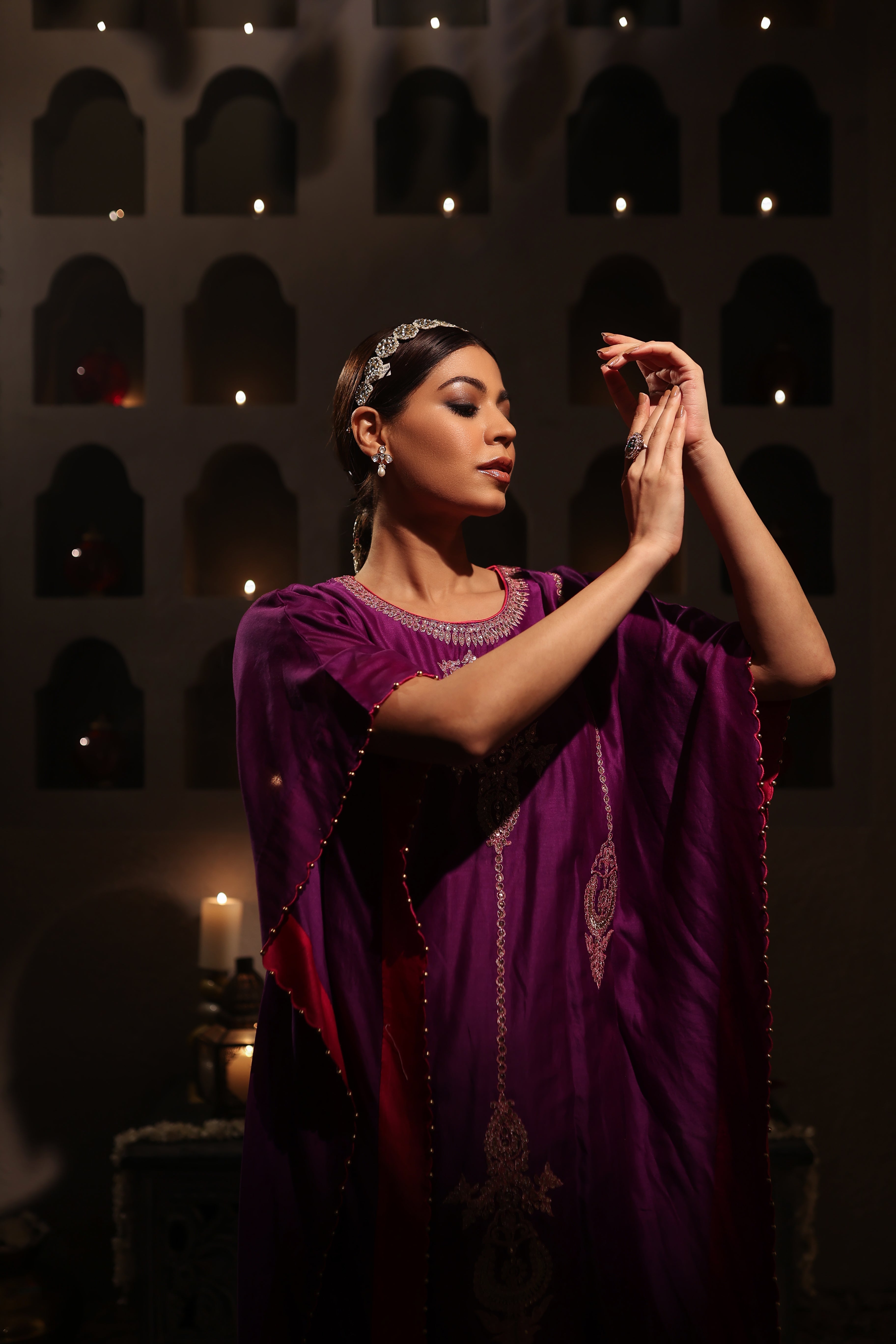 Model wearing purple Chanderi kaftan with intricate aari tari embroidery – Moseequi Collection by House of AAS.