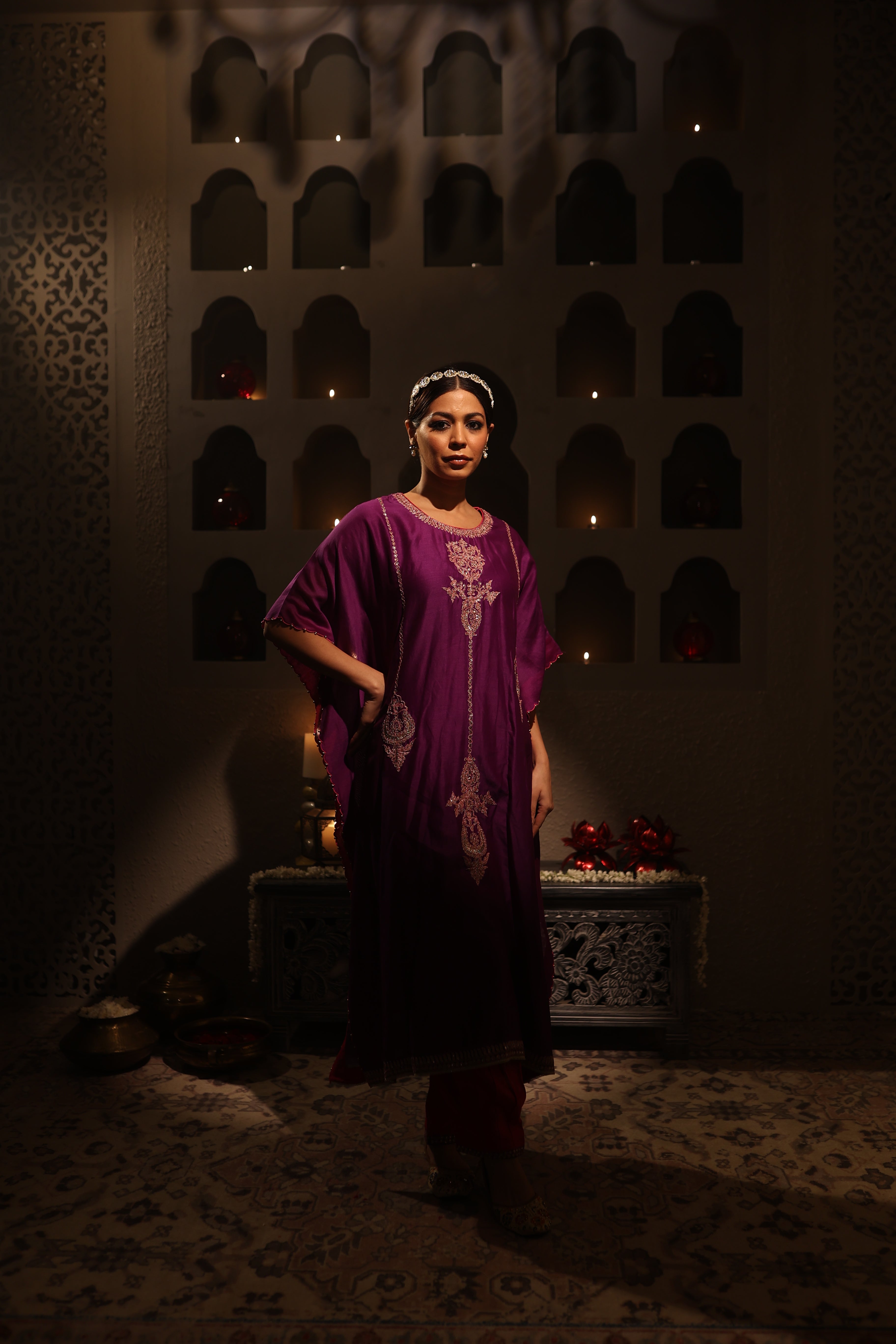 Model wearing purple Chanderi kaftan with intricate aari tari embroidery – Moseequi Collection by House of AAS.