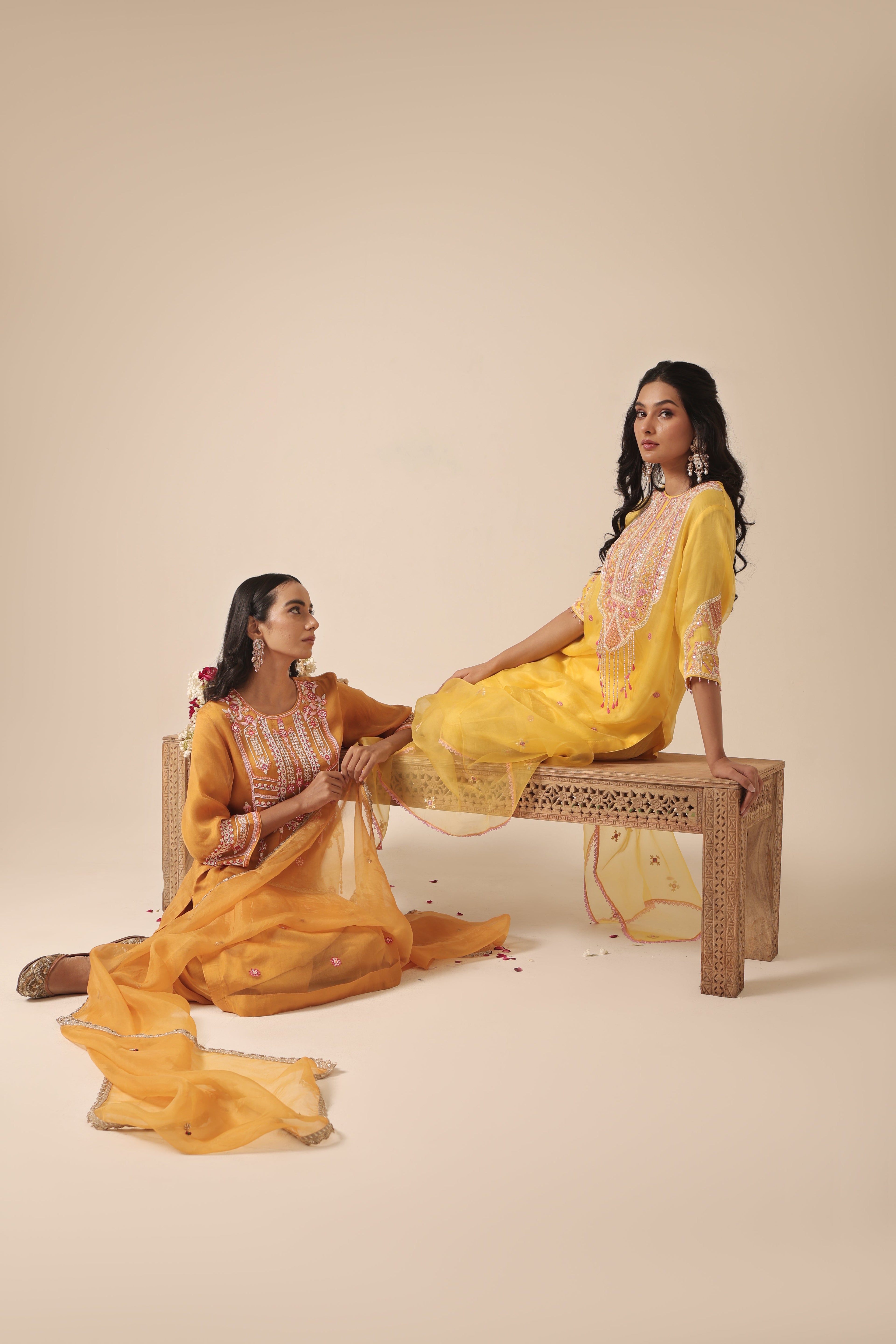 Mustard organza kurta close-up with intricate mirror embroidery – Jhilmil Collection