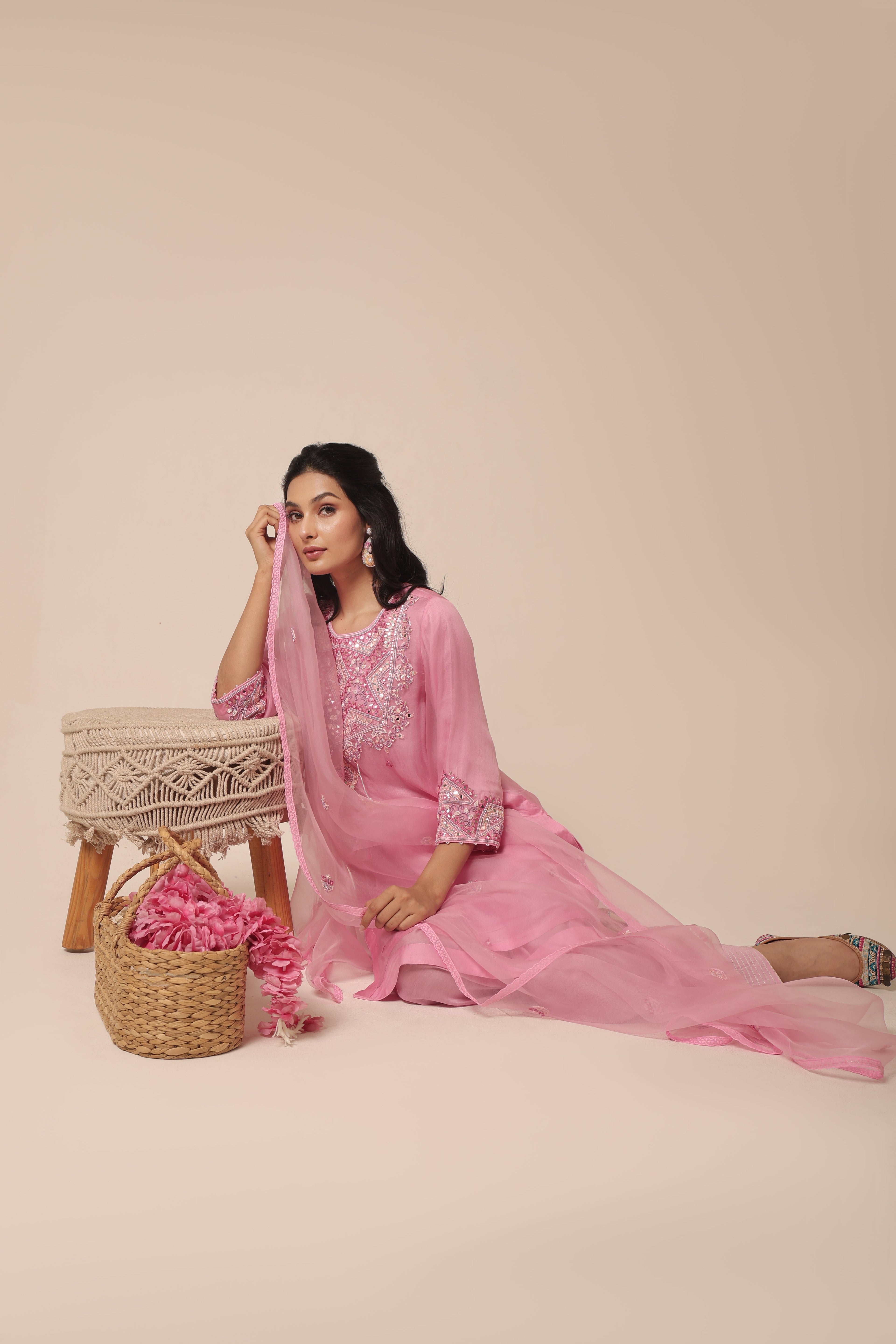 Pink organza kurta set with mirror embroidery and farshi salwar from Jhilmil Collection – House of AAS.