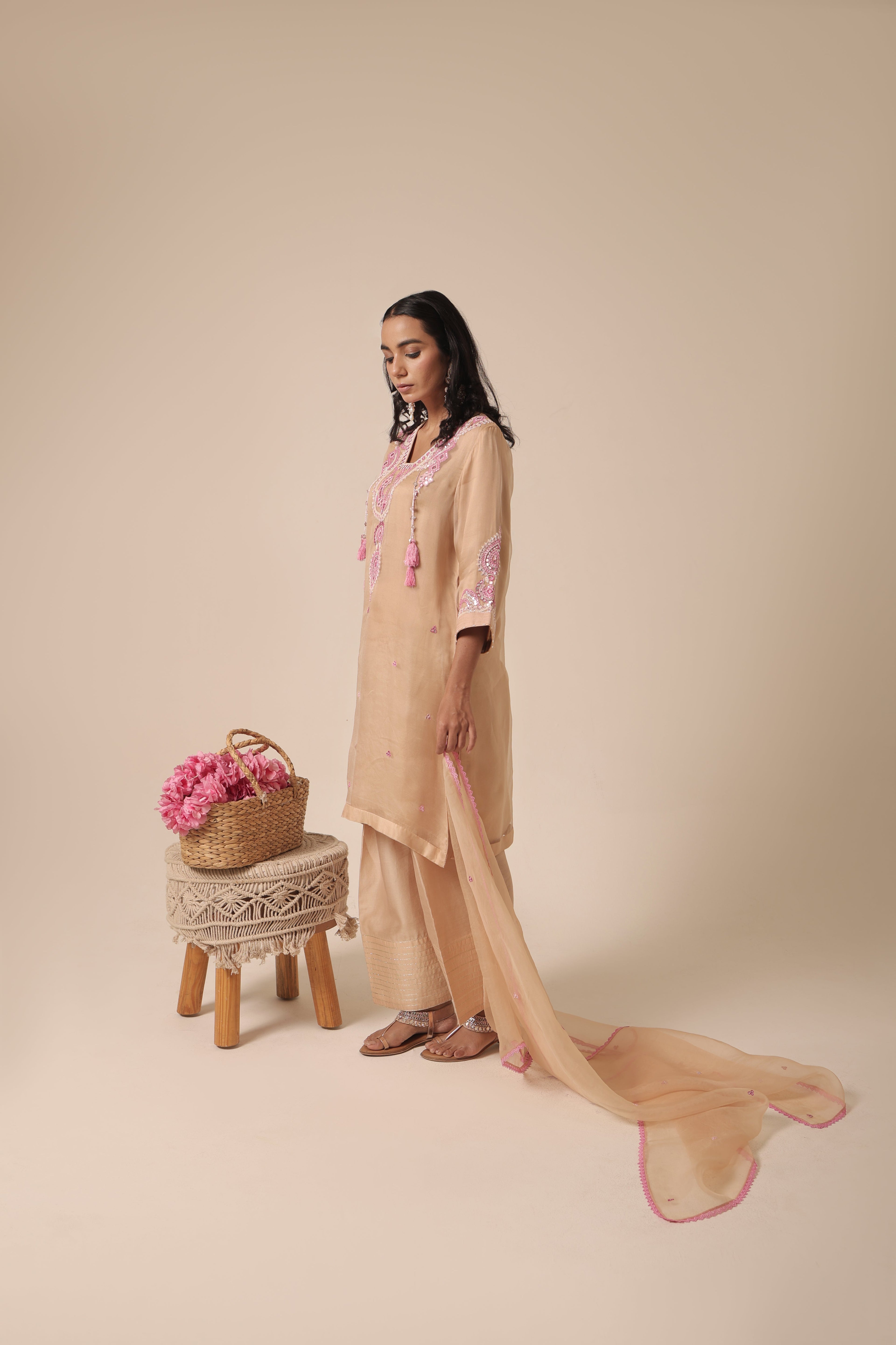 Beige silk organza kurta with mirror embroidery from Jhilmil Collection by House of AAS