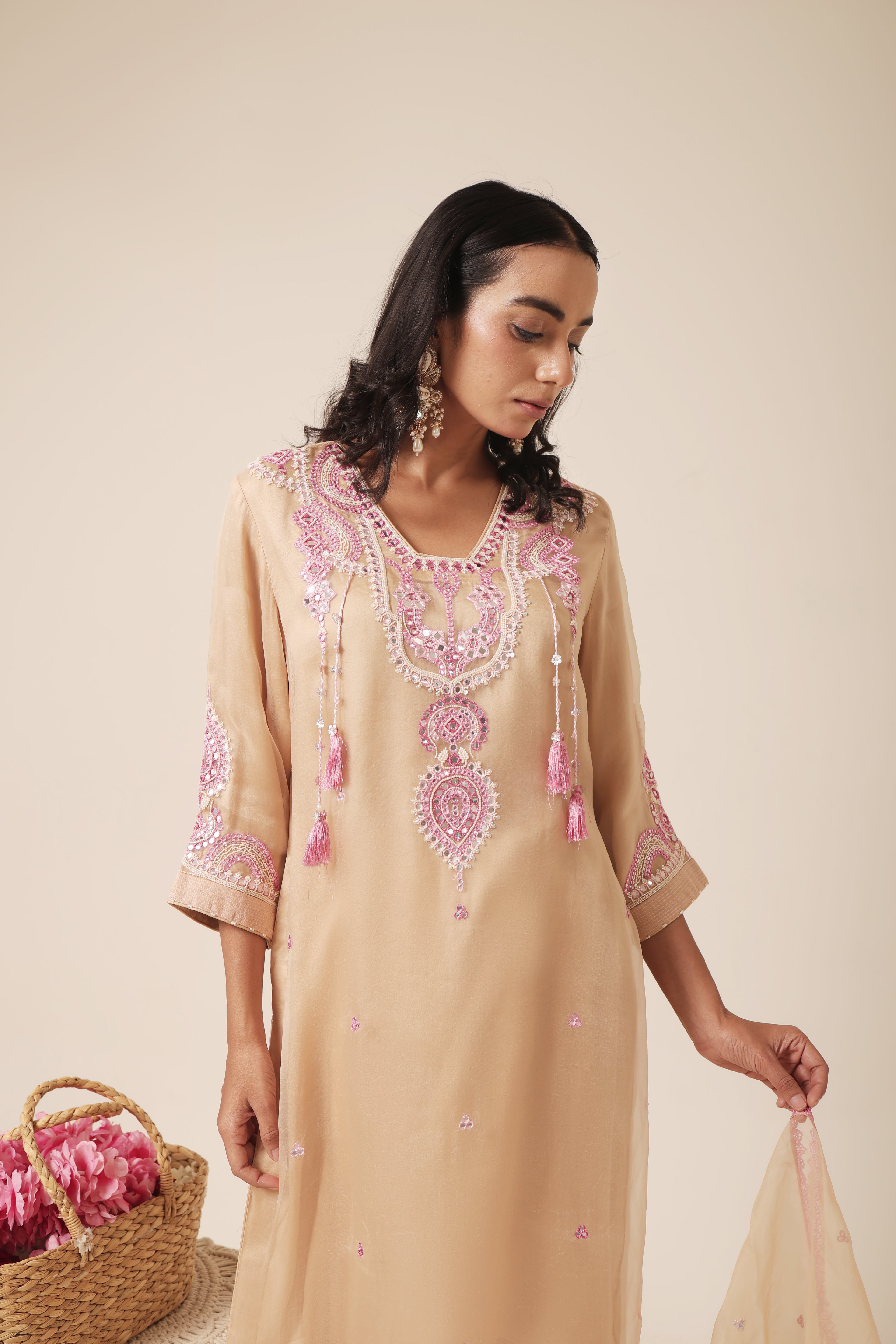 Close-up of eige silk organza kurta with mirror embroidery & farshi salwar from Jhilmil Collection by House of AAS