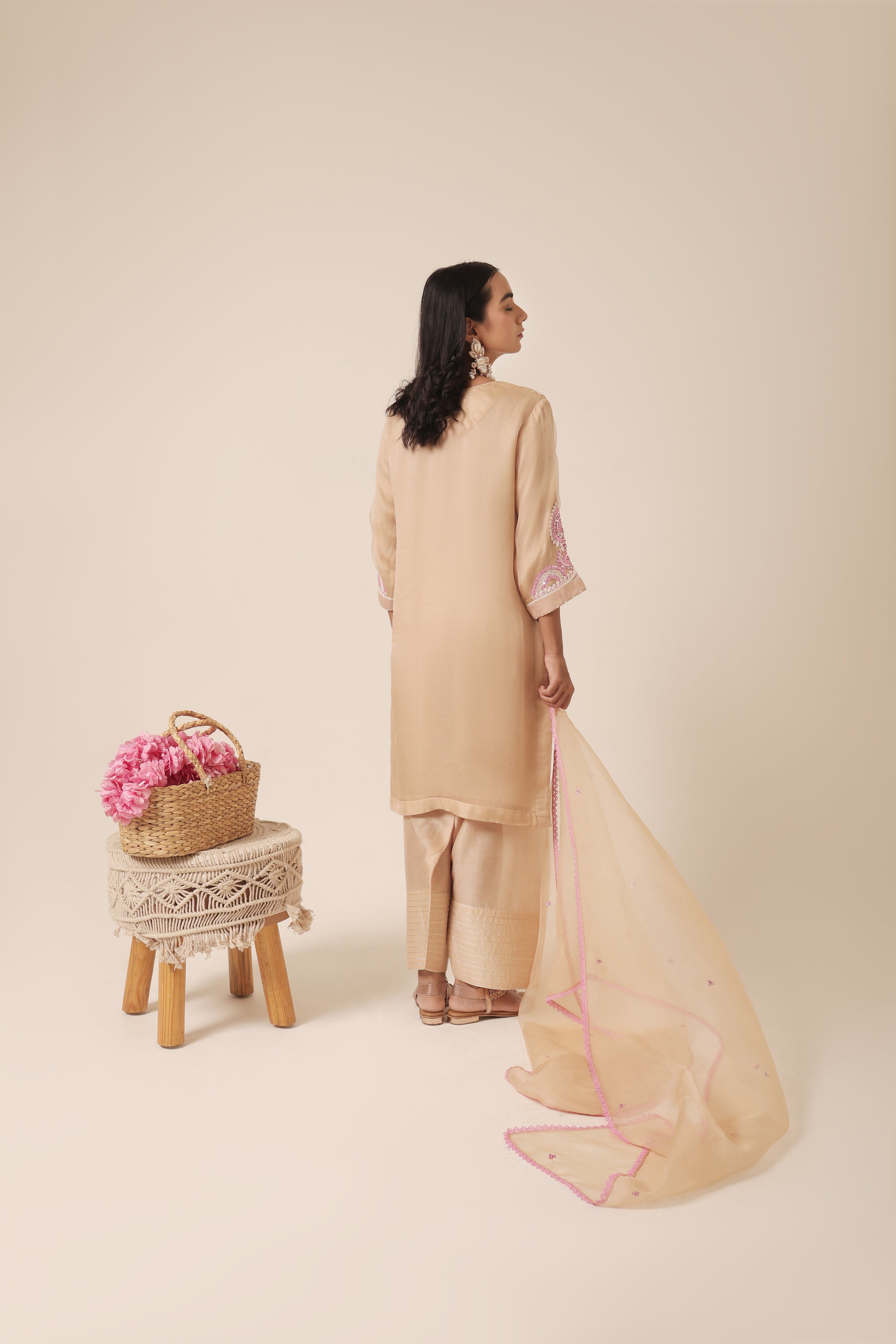 Beige silk organza kurta with mirror embroidery from Jhilmil Collection by House of AAS