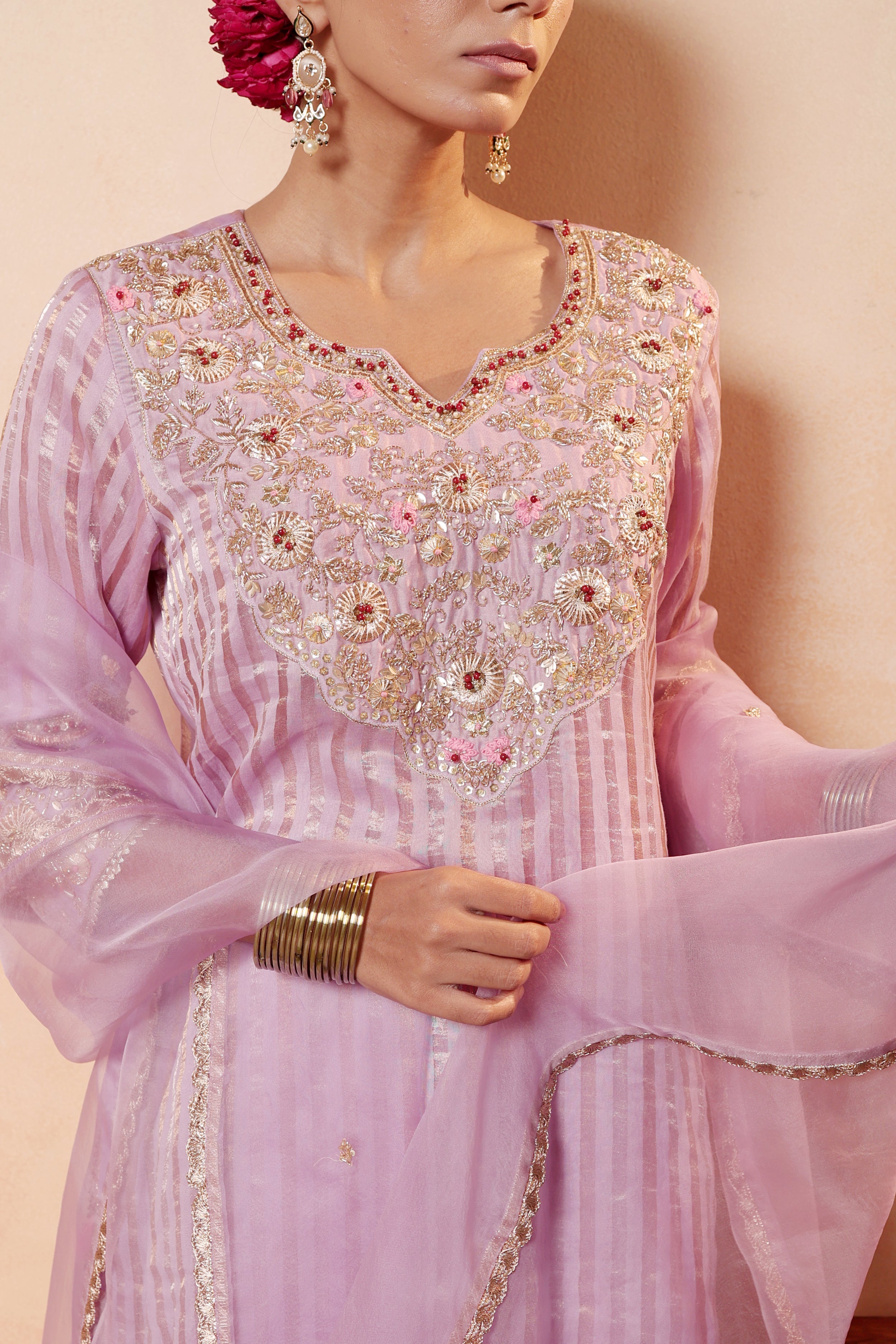Model wearing lavender tissue silk kurta with intricate gota embroidery, paired with regal farshi salwar and dupatta – Sunehri Gota Collection by House of AAS.