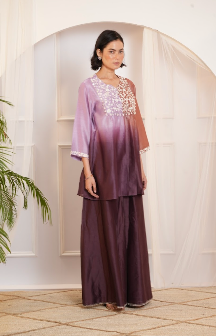 Model wearing a lavender & wine ombre silk chanderi co-ord set with off-white dori and bead embroidery — festive ethnic outfit.