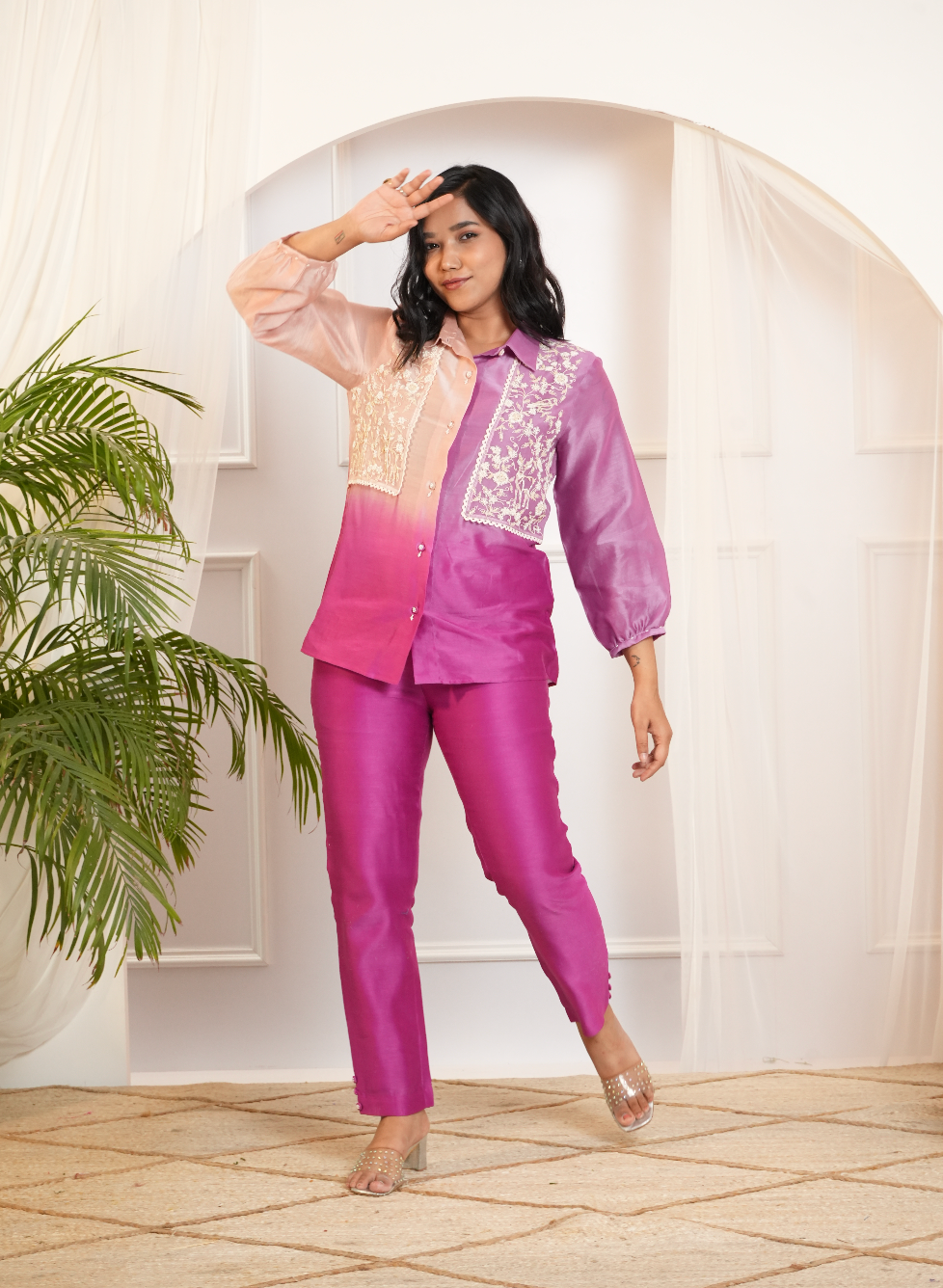 Model wearing a peach & pink ombre silk chanderi co-ord set with off-white dori and bead embroidery — festive & wedding outfit.