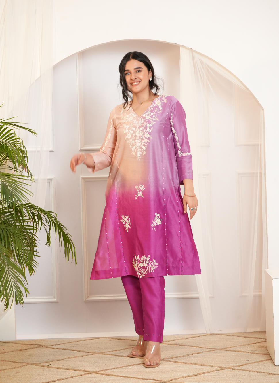 Model wearing a pink & peach ombre silk chanderi kurta set with off-white dori and bead embroidery — festive ethnic outfit.