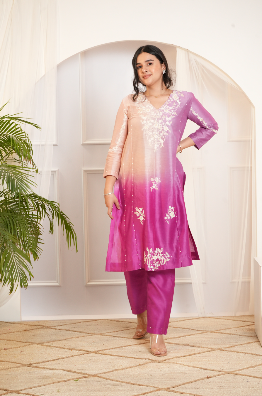 Model wearing a pink & peach ombre silk chanderi kurta set with off-white dori and bead embroidery — festive ethnic outfit.