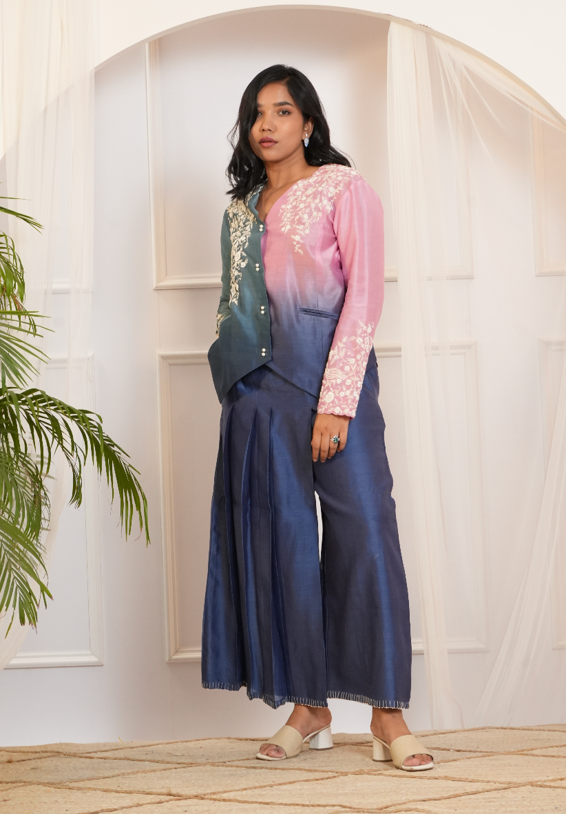 Model wearing a pink & blue ombre silk chanderi co-ord set with off-white dori and bead embroidery — festive & wedding outfit.