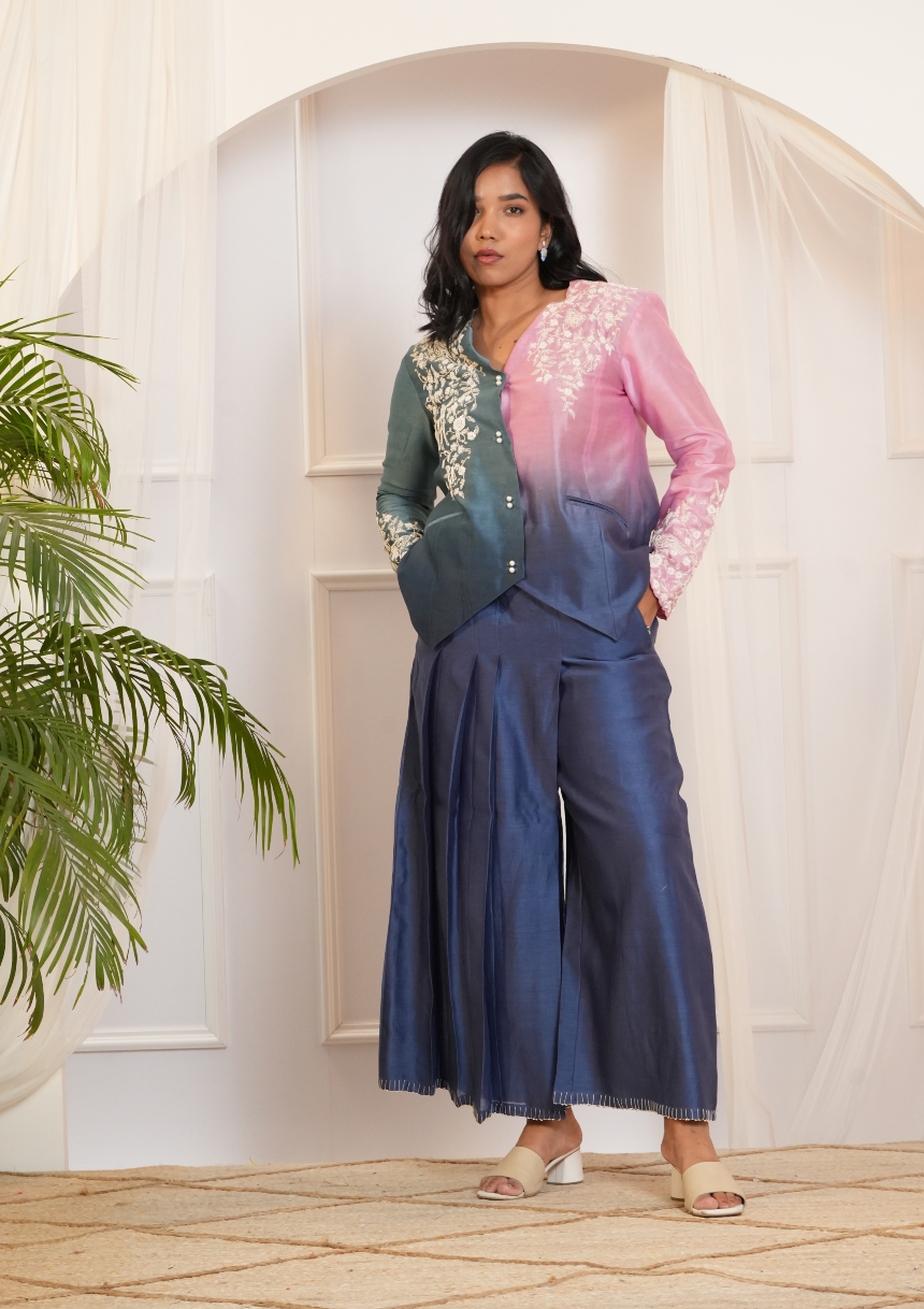Model wearing a pink & blue ombre silk chanderi co-ord set with off-white dori and bead embroidery — festive & wedding outfit.