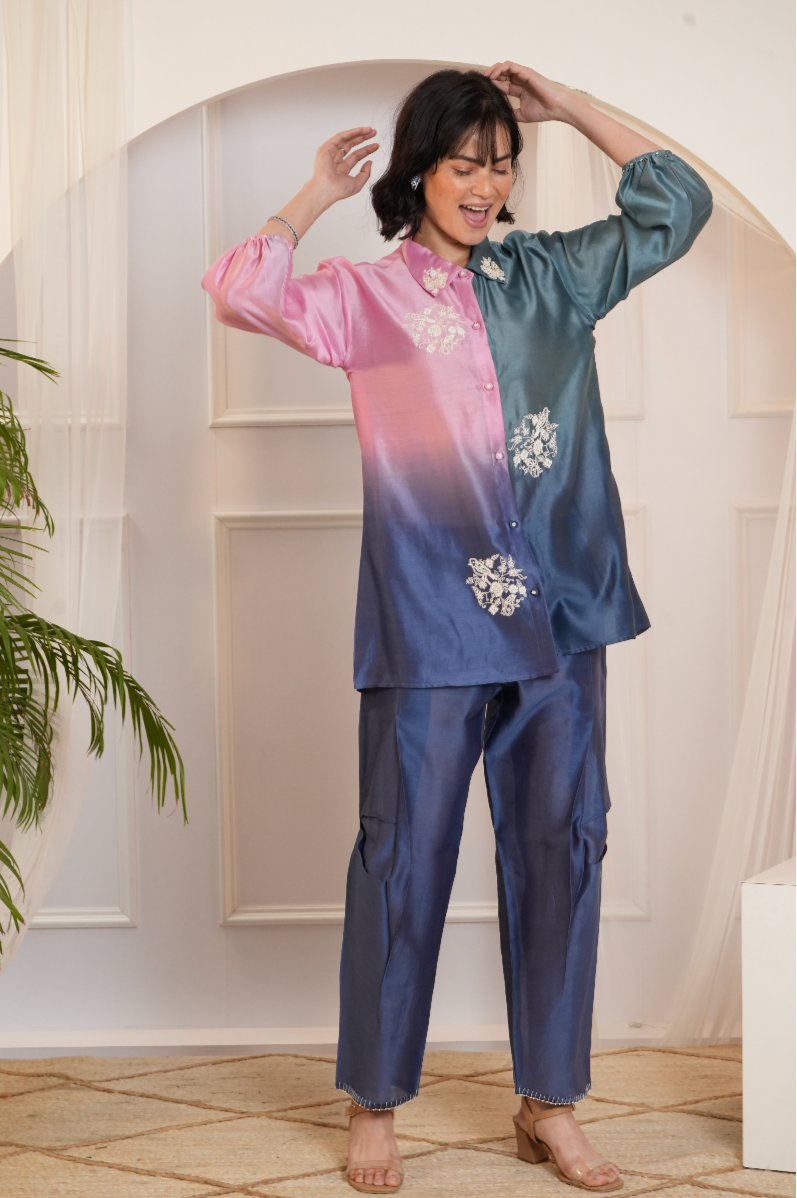 Model wearing a pink & teal ombre silk chanderi co-ord set with off-white dori and bead embroidery — festive ethnic outfit.