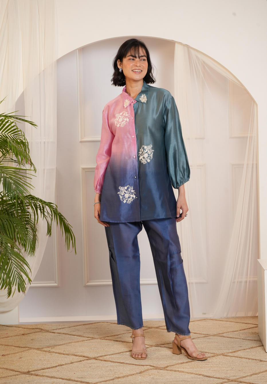 Model wearing a pink & teal ombre silk chanderi co-ord set with off-white dori and bead embroidery — festive ethnic outfit.