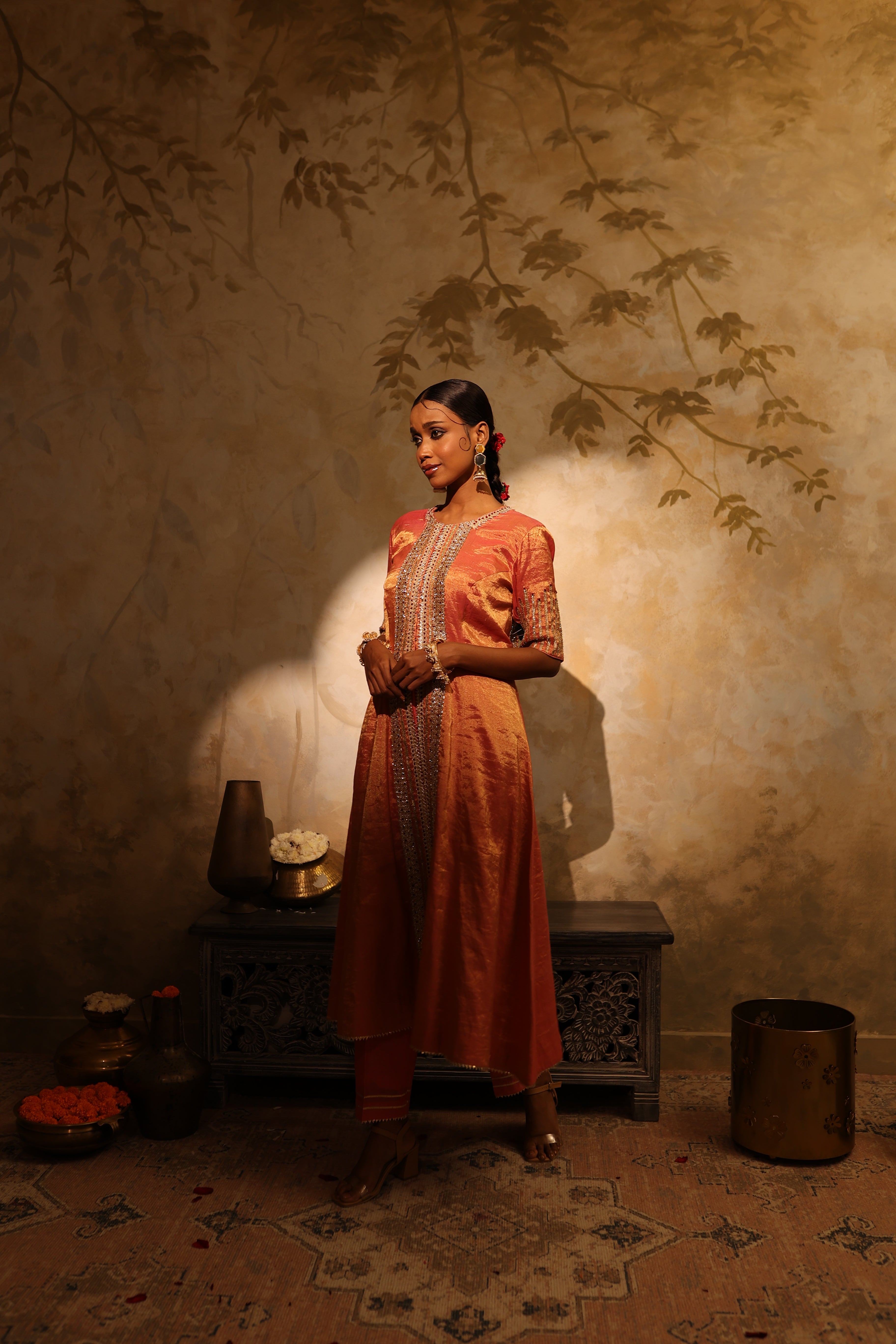 Coral pink silk tissue jacket-style kurta set with embroidery and pants, festive wedding wear.