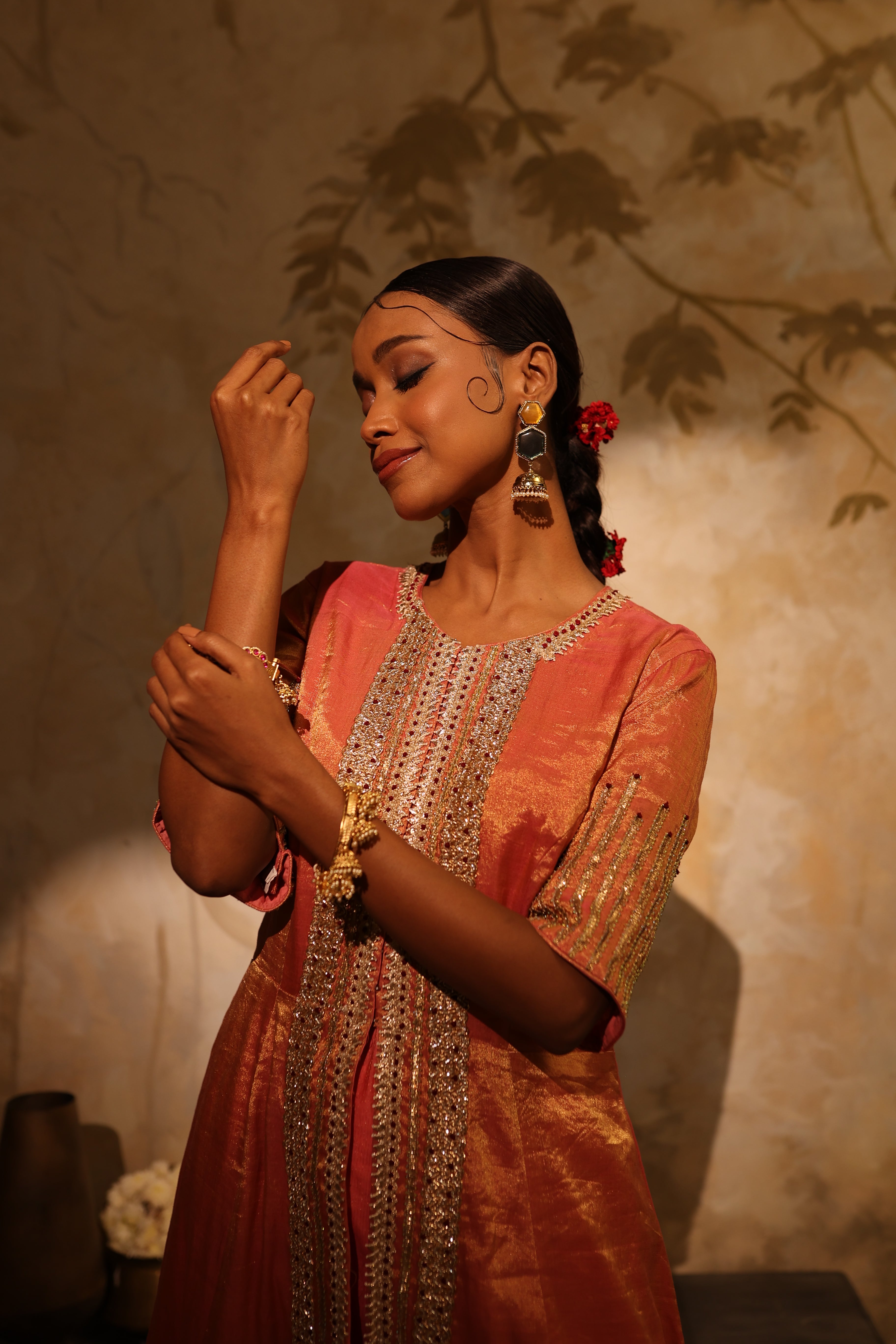 Elegant coral pink silk tissue embroidered kurta jacket set for weddings and celebrations.
