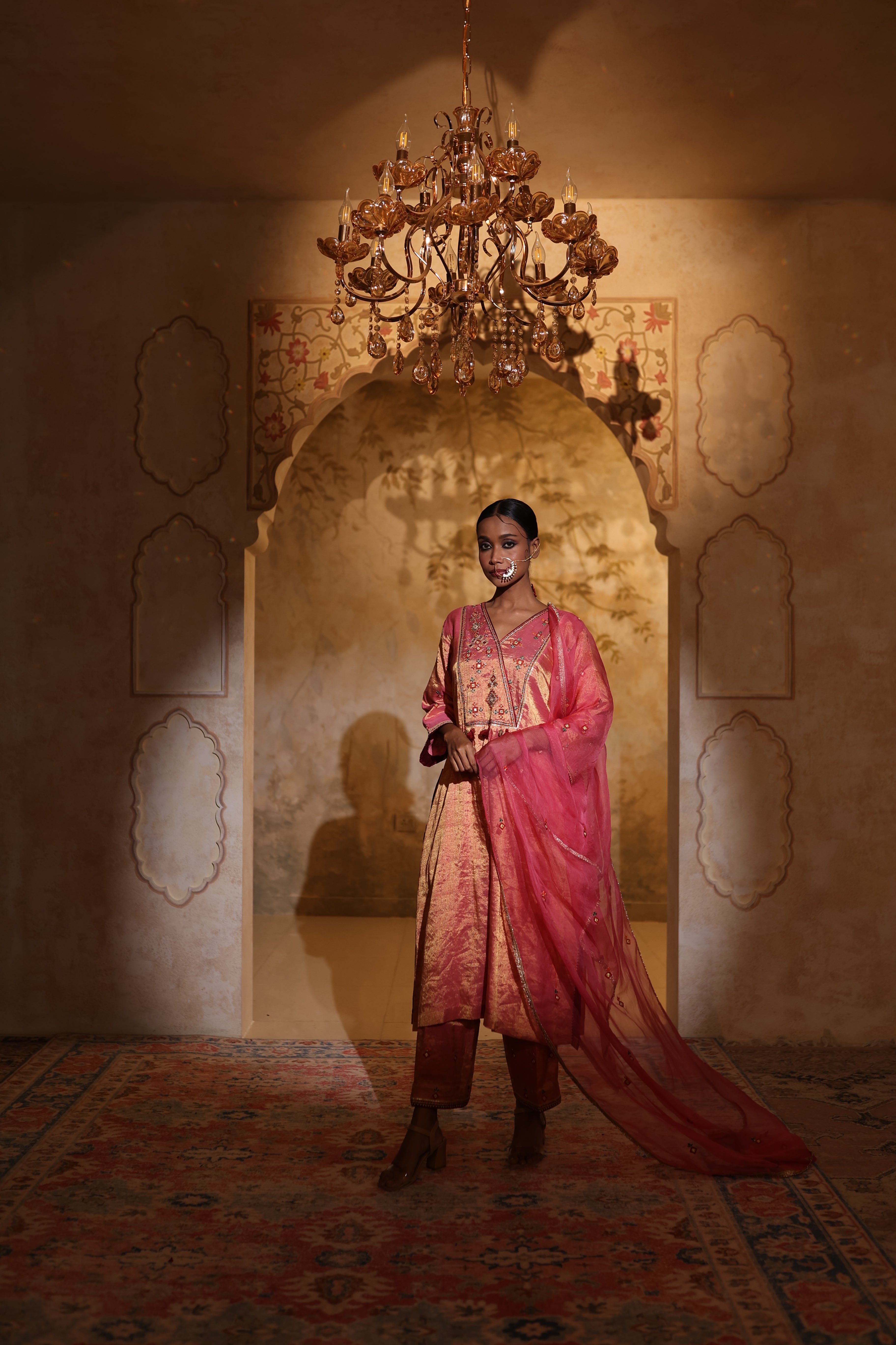 Designer festive kurta and pants in pink silk tissue with thread & gota intricate embroidery and organza dupatta .