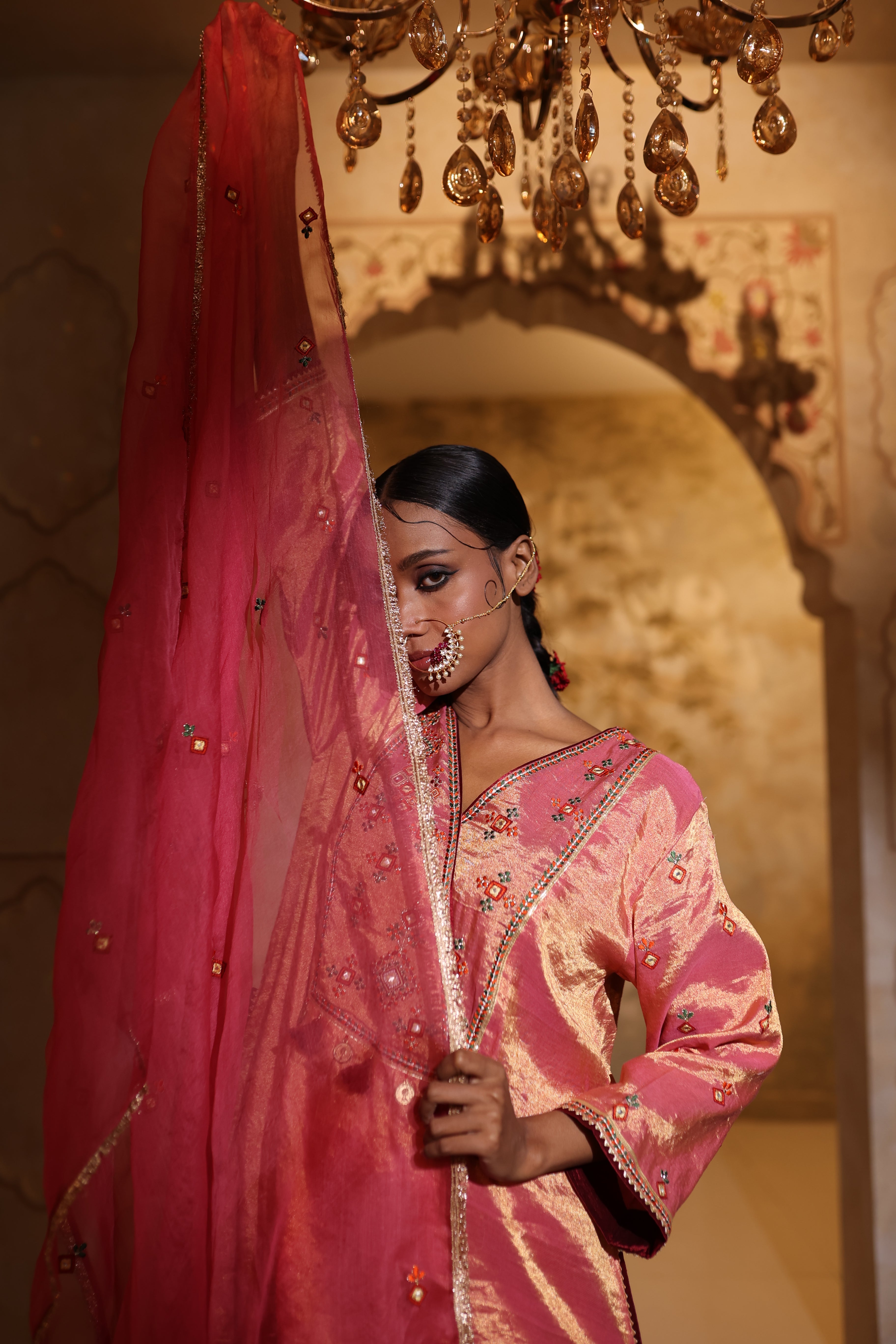 Designer festive kurta and pants in pink silk tissue with thread & gota intricate embroidery and organza dupatta .