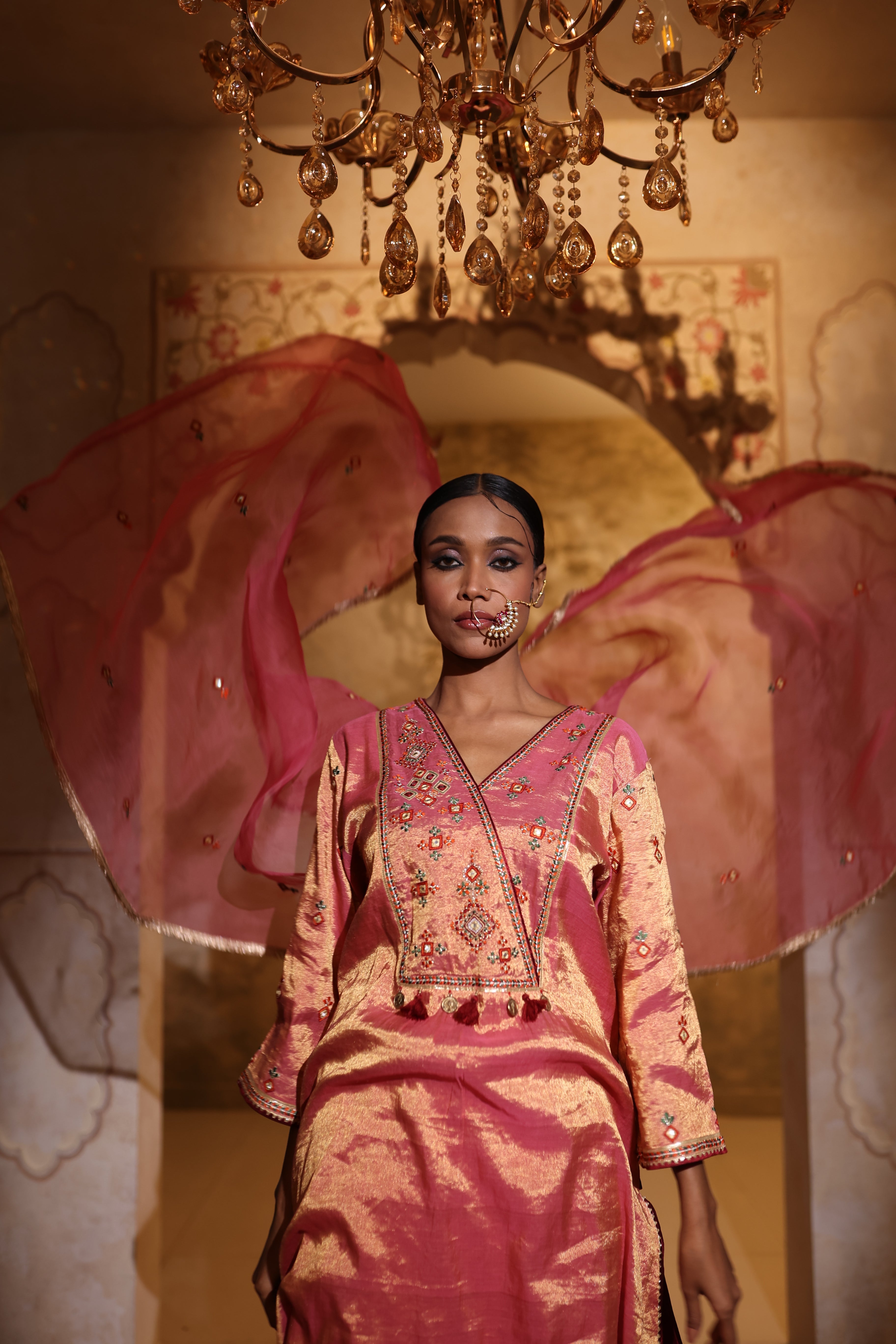 Designer festive kurta and pants in pink silk tissue with thread & gota intricate embroidery and organza dupatta .