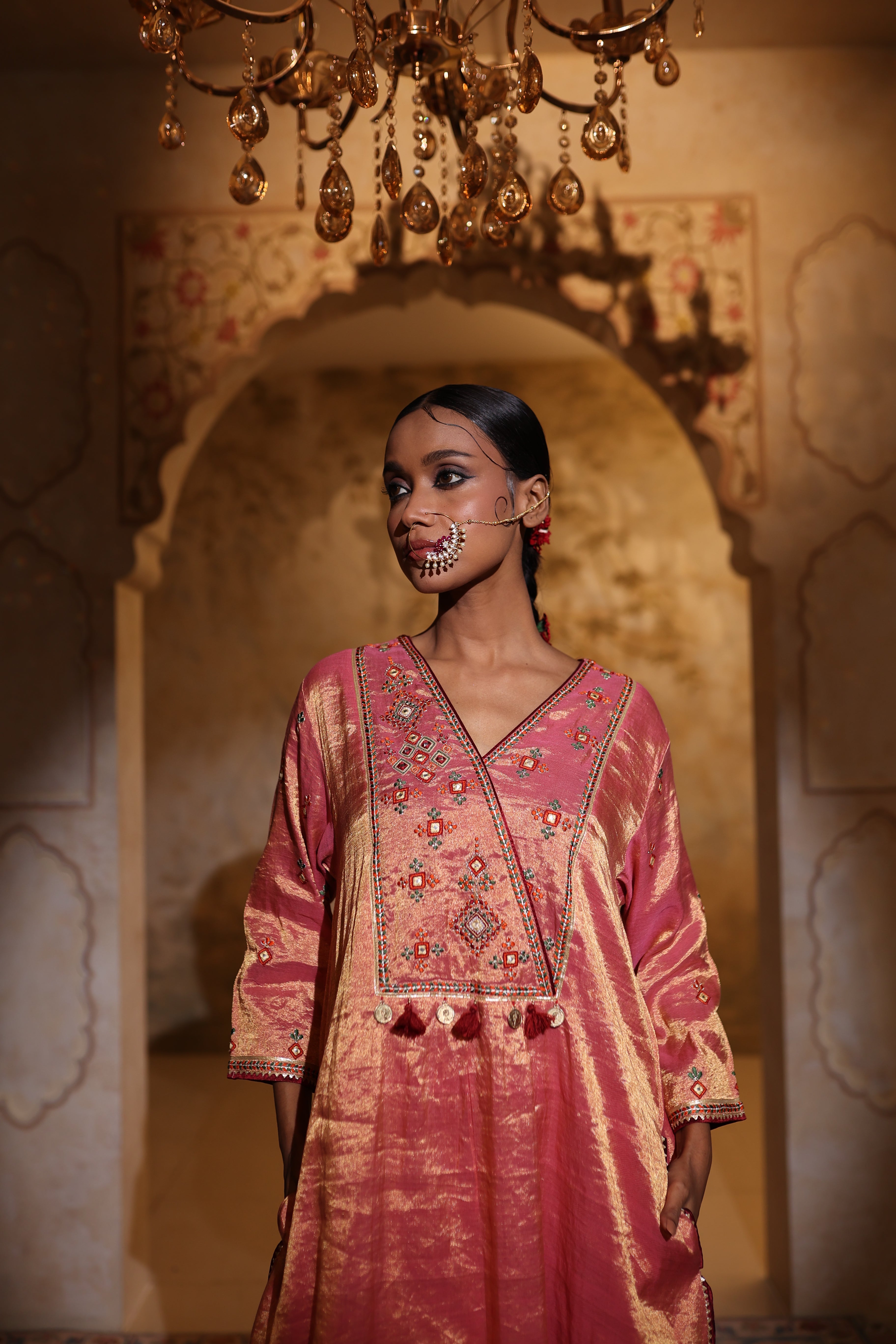 Designer festive kurta and pants in pink silk tissue with thread & gota intricate embroidery and organza dupatta .