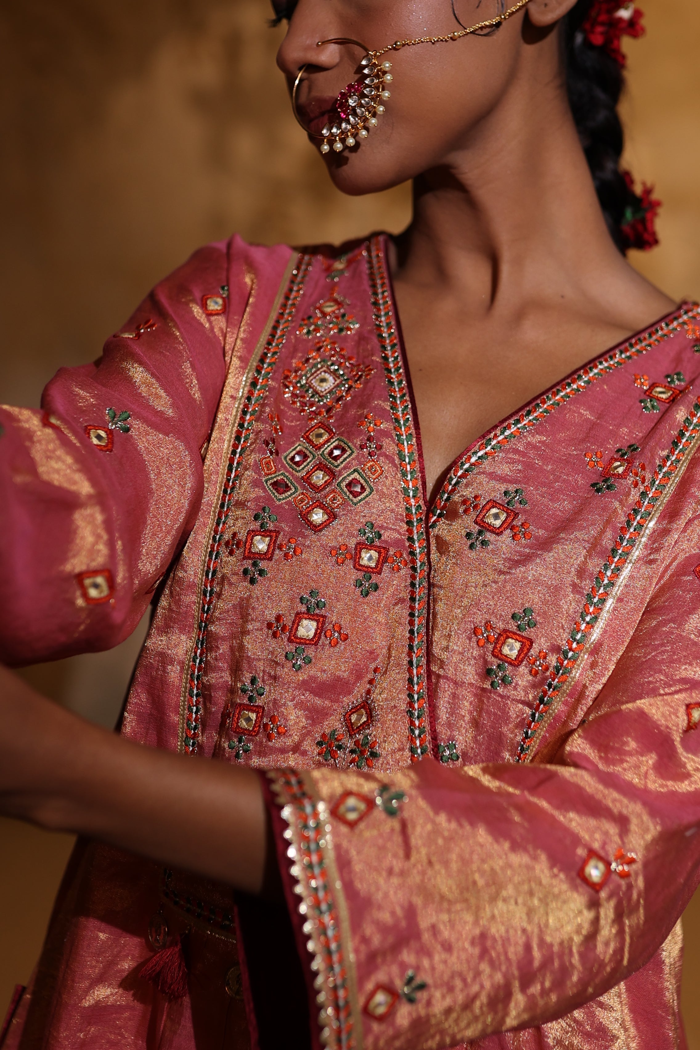 Designer festive kurta and pants in pink silk tissue with thread & gota intricate embroidery and organza dupatta .