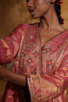 Designer festive kurta and pants in pink silk tissue with thread & gota intricate embroidery and organza dupatta .