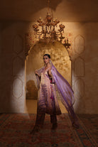 Mauve silk tissue kurta set with organza dupatta, featuring intricate gota, resham and bead embroidery – festive women’s outfit