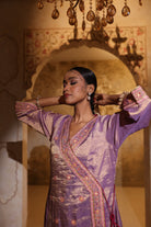Mauve silk tissue angrakha kurta set with organza dupatta, featuring intricate gota, resham and bead embroidery – festive women’s outfit