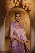 Mauve silk tissue angrakha kurta set with organza dupatta, featuring intricate gota, resham and bead embroidery – festive women’s outfit