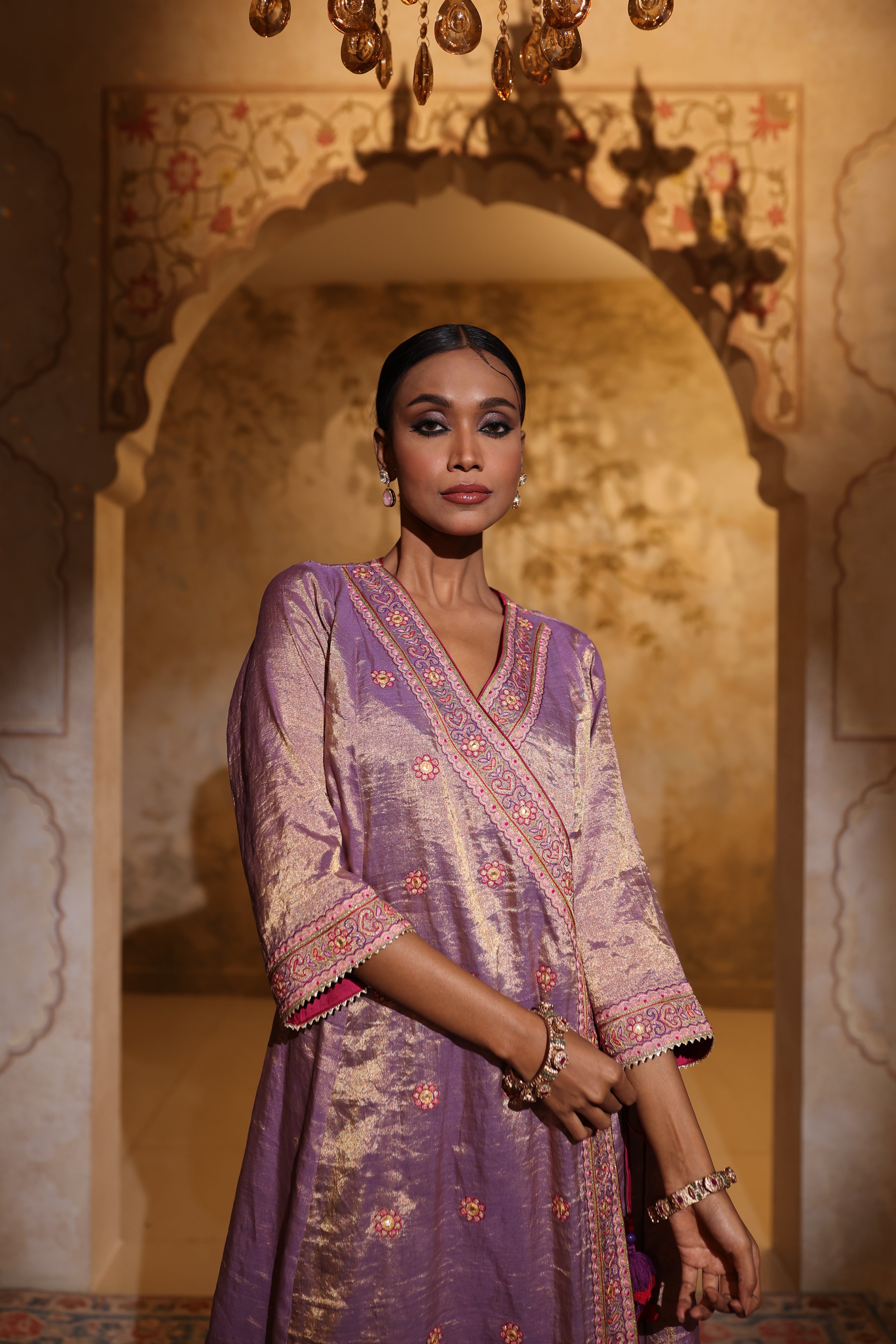 Mauve silk tissue angrakha kurta set with organza dupatta, featuring intricate gota, resham and bead embroidery – festive women’s outfit