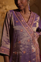 Mauve silk tissue angrakha kurta set with organza dupatta, featuring intricate gota, resham and bead embroidery – festive women’s outfit