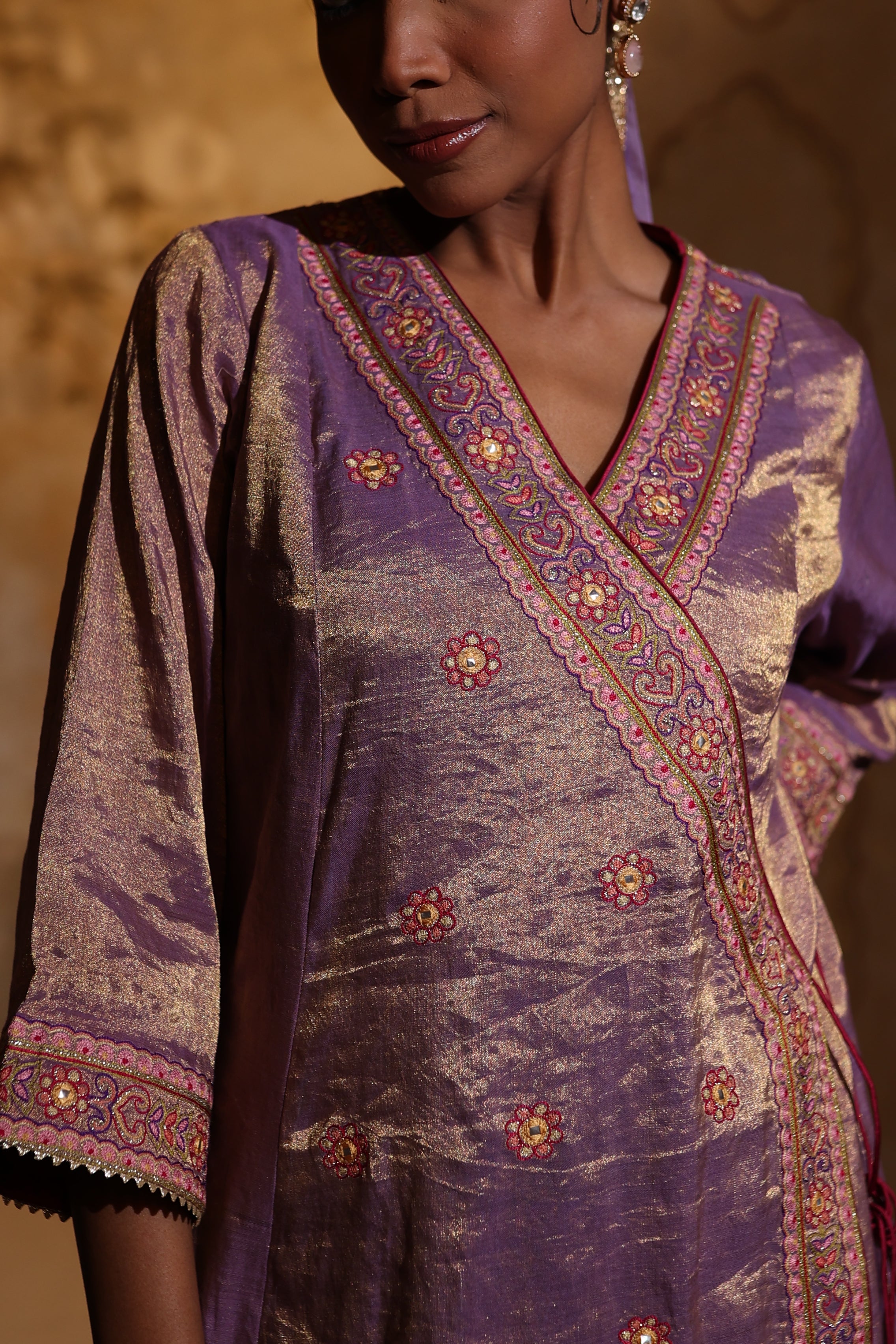 Mauve silk tissue angrakha kurta set with organza dupatta, featuring intricate gota, resham and bead embroidery – festive women’s outfit
