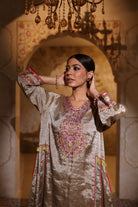 Antique silver tissue kurta set with intricate embroidery from Shayari Collection by House of AAS