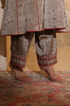 Close-up of hand-embroidered antique silver kurta in tissue fabric