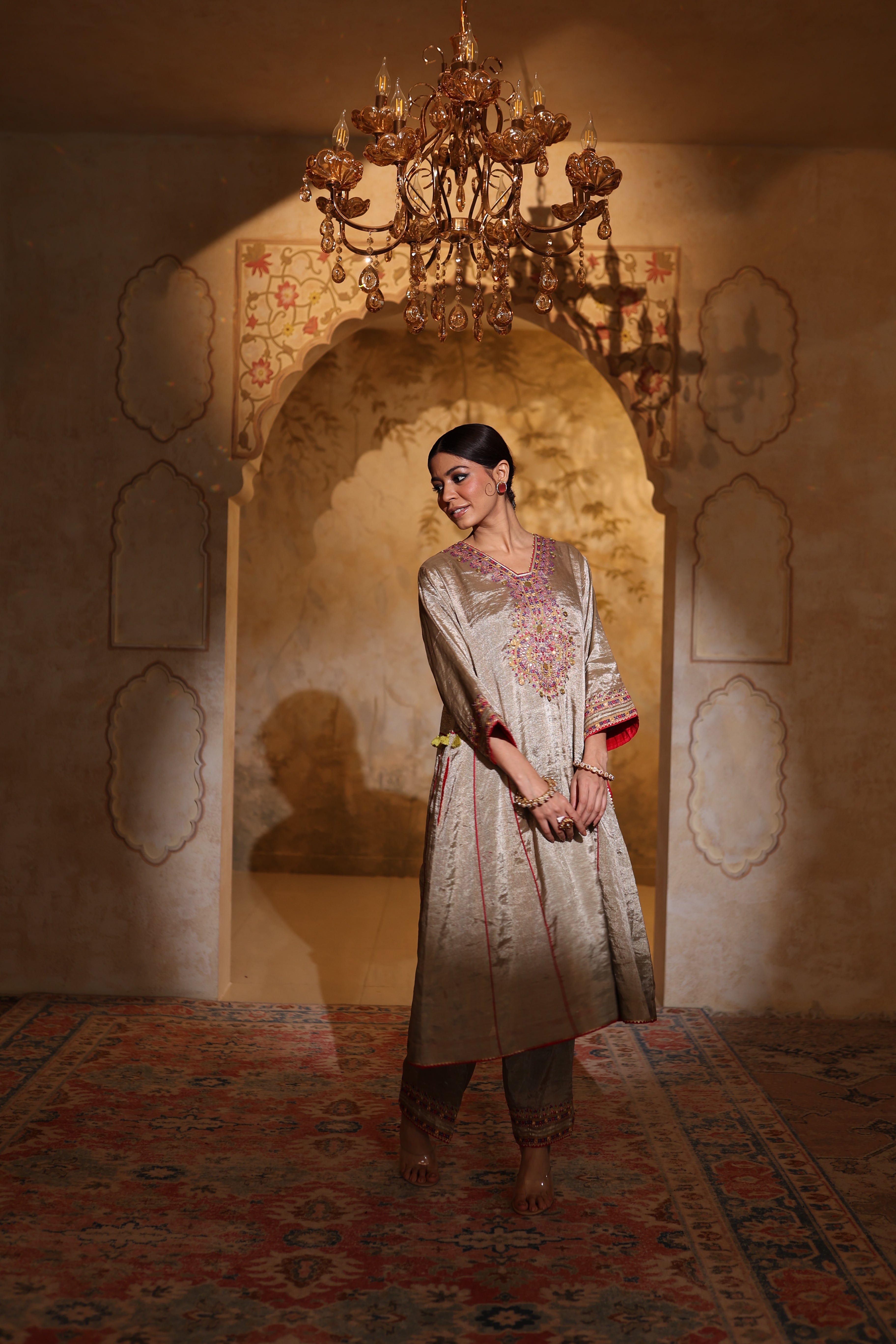 Antique silver tissue kurta set with intricate embroidery from Shayari Collection by House of AAS