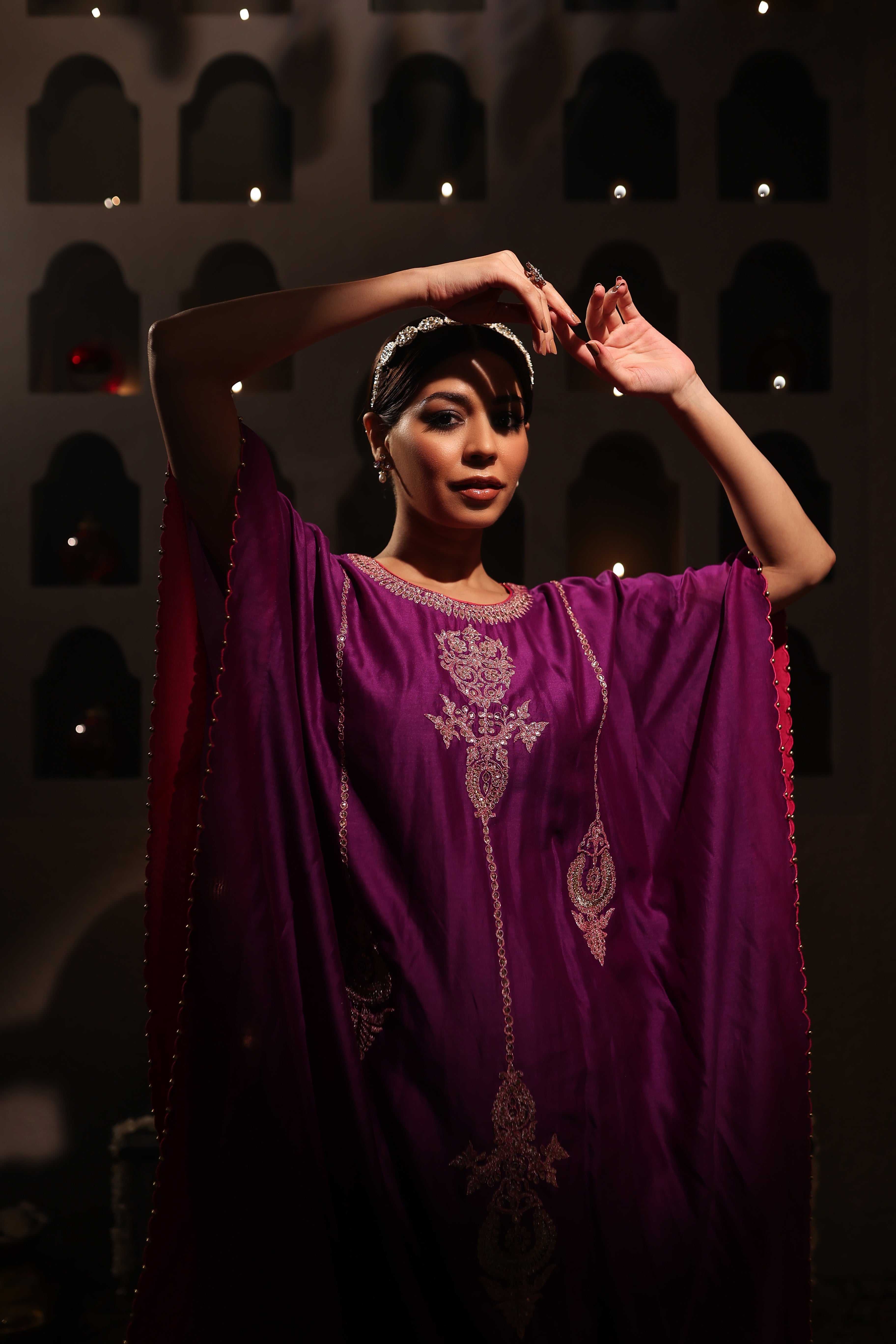 Model wearing purple Chanderi kaftan with intricate aari tari embroidery – Moseequi Collection by House of AAS.