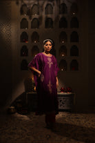 Model wearing purple Chanderi kaftan with intricate aari tari embroidery – Moseequi Collection by House of AAS.