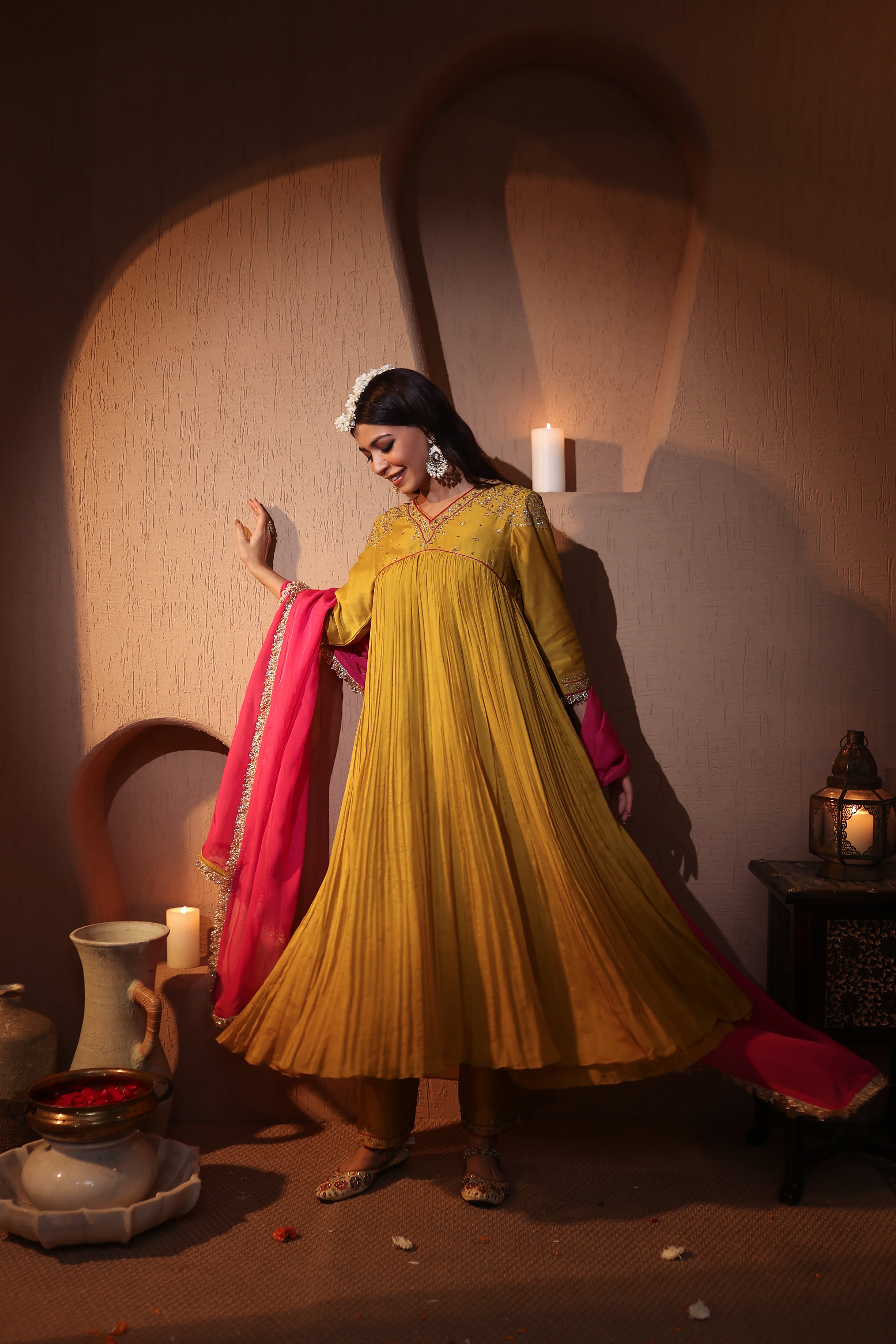 Mustard Anarkali suit with pink dupatta in Chanderi fabric – Jashn-e-Ishq Collection