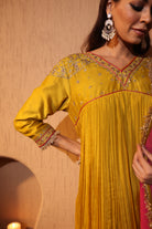 Close-up of Aari Tari embroidery on mustard Chanderi Anarkali suit – House of AAS