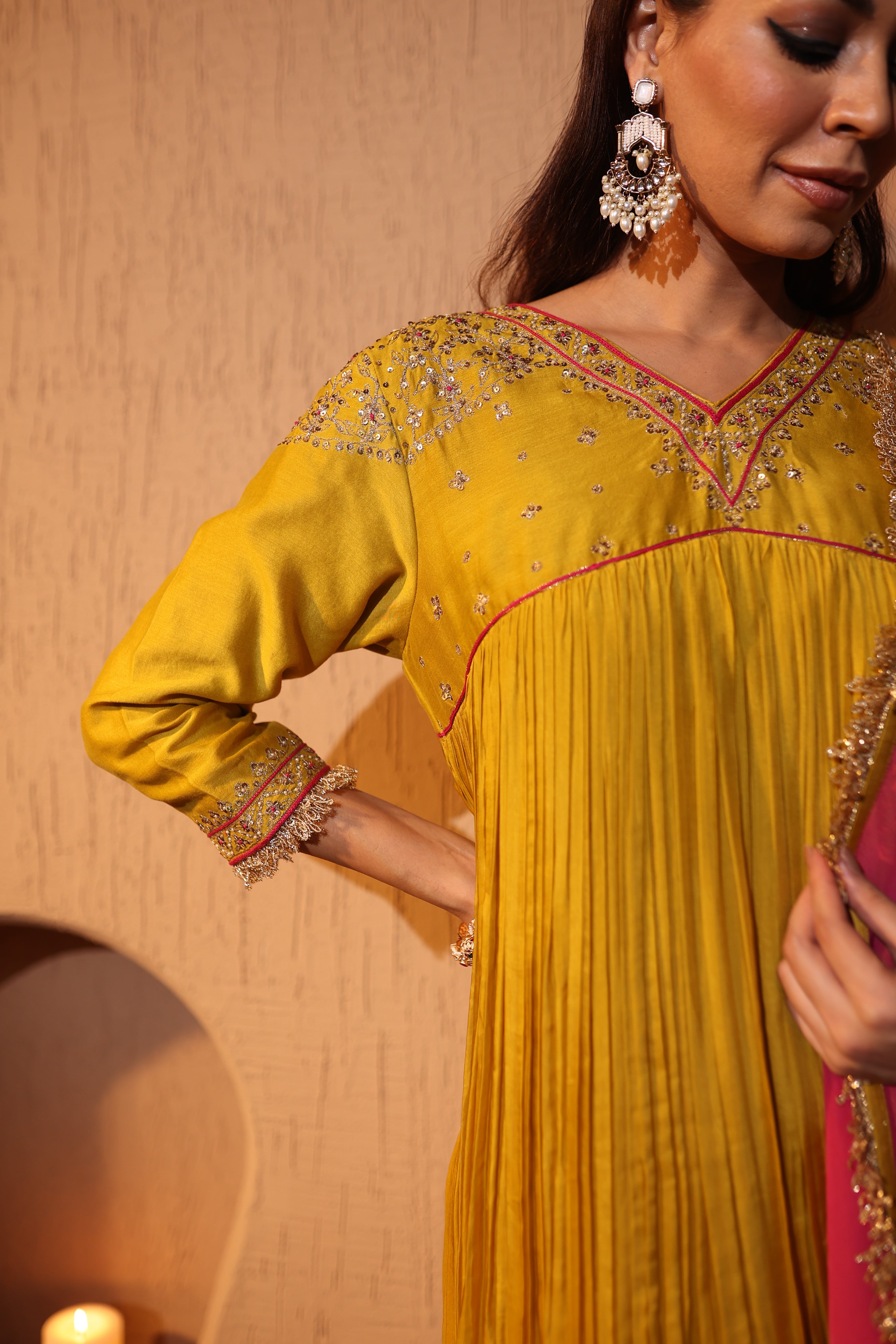 Close-up of Aari Tari embroidery on mustard Chanderi Anarkali suit – House of AAS