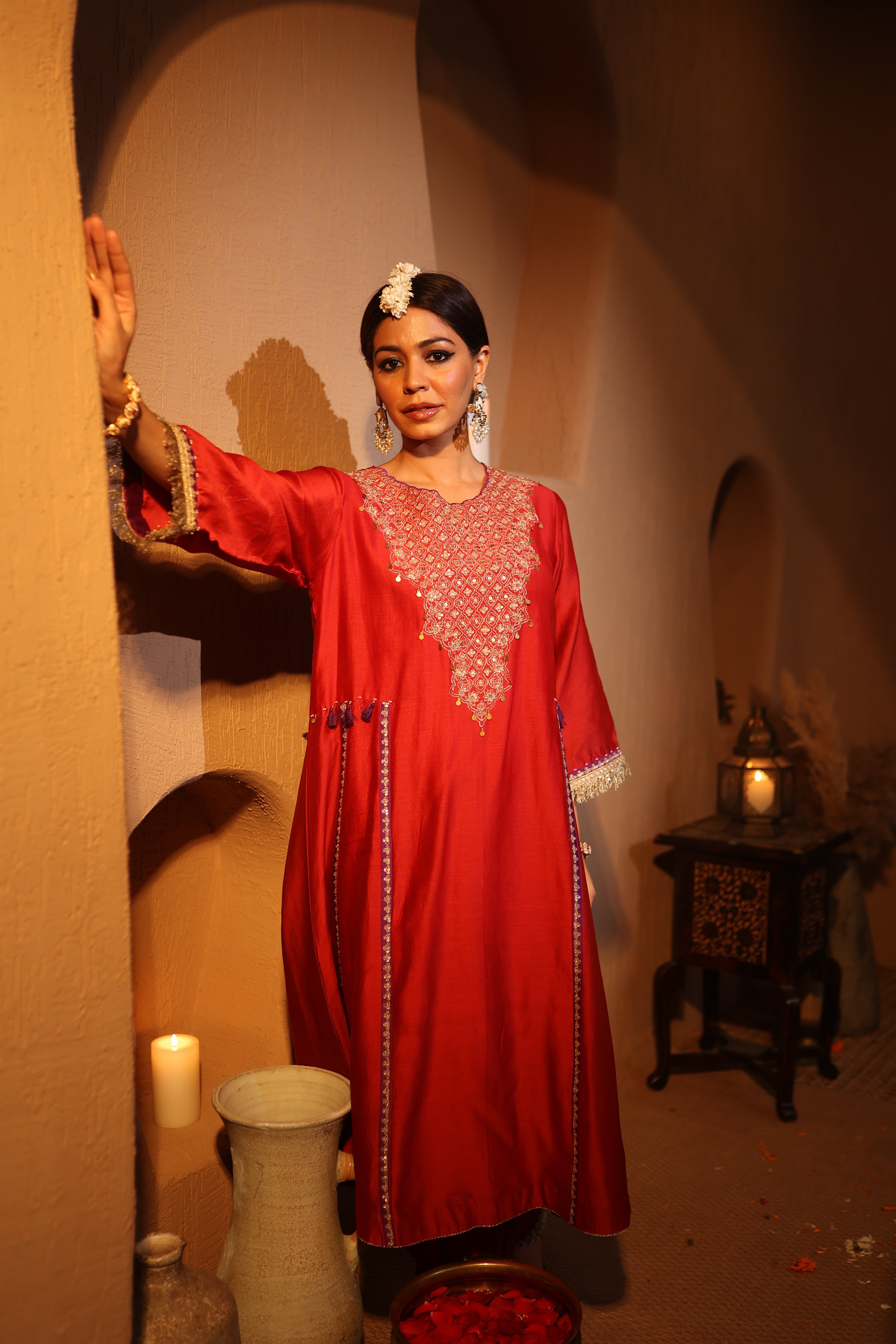 Red Chanderi kurta set with farshi salwar and purple dupatta – Jashn-e-Ishq Collection by House of AAS
