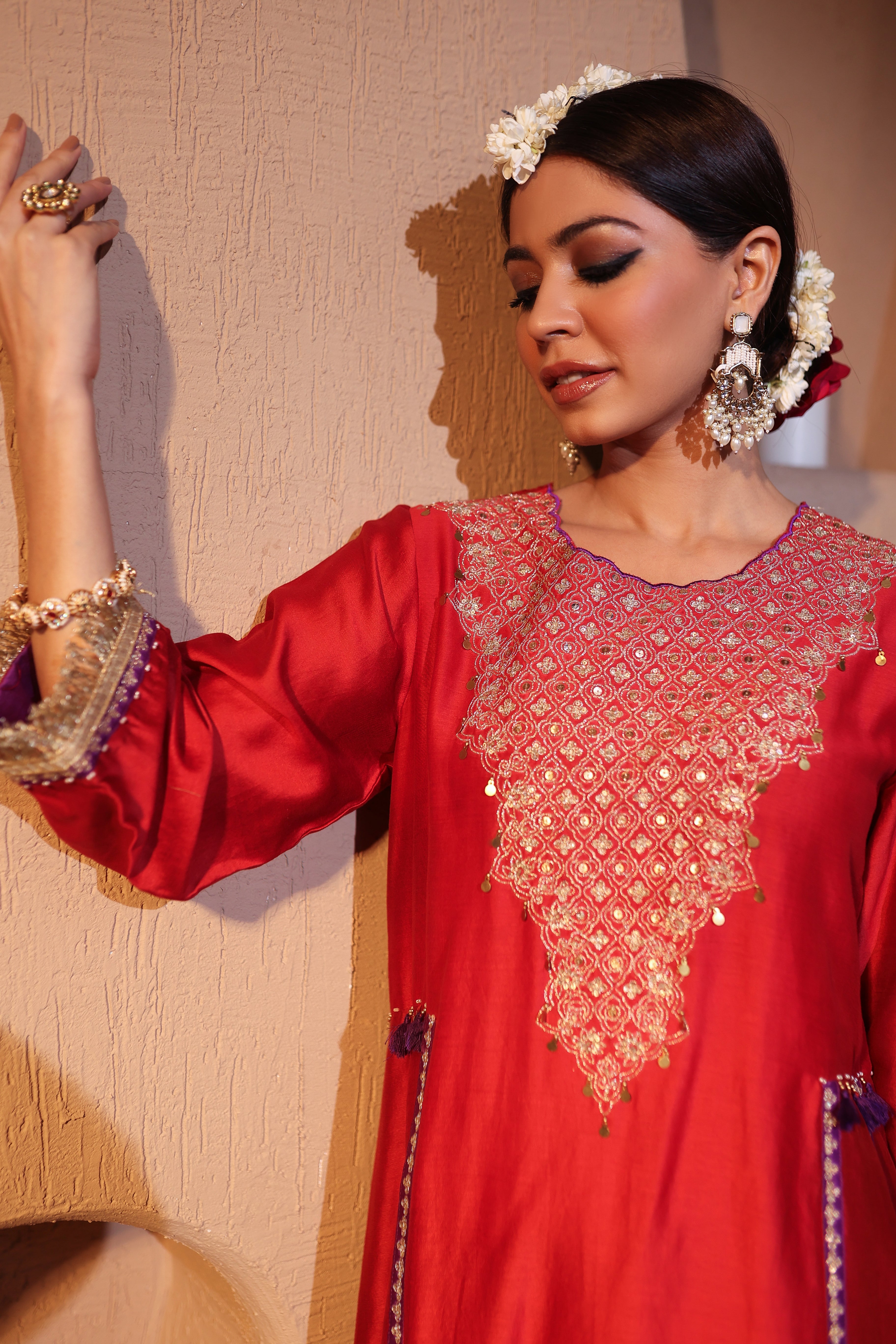 Close-up of aari tari embroidery on red Chanderi kurta – Jashn-e-Ishq Collection