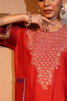 Close-up of festive red Chanderi suit with handcrafted aari tari embroidery and farshi salwar – House of AAS