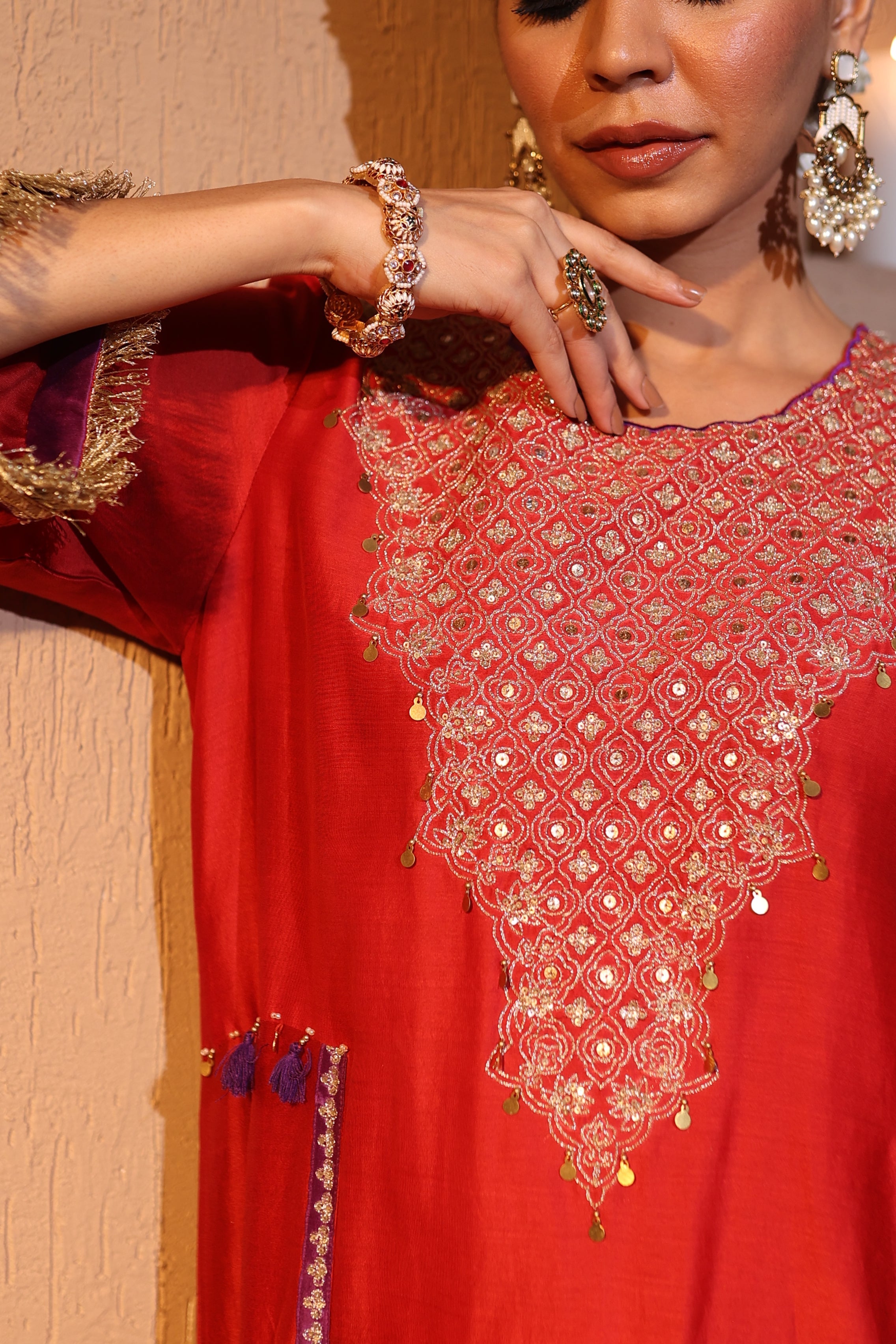 Close-up of festive red Chanderi suit with handcrafted aari tari embroidery and farshi salwar – House of AAS
