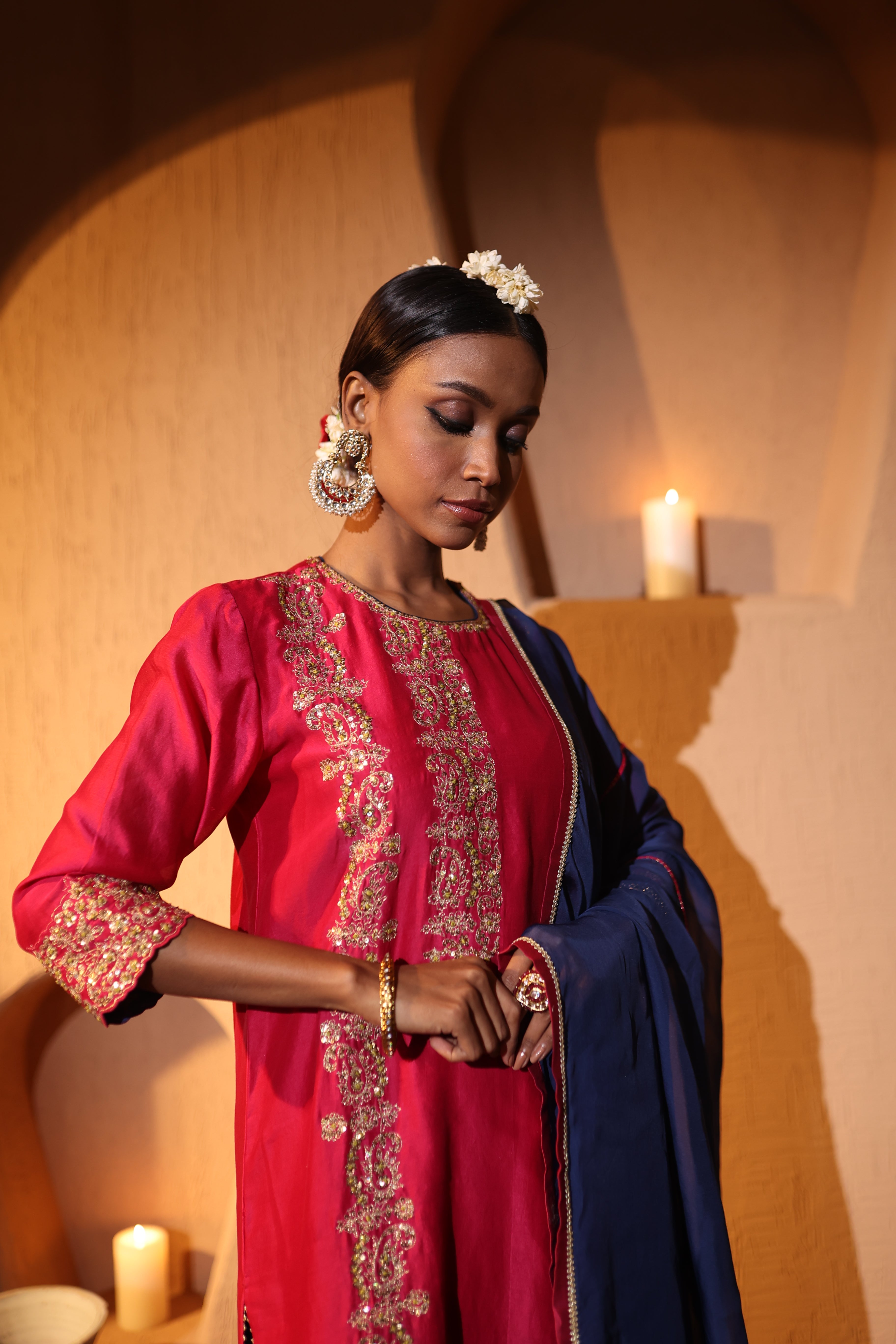 Red festive Chanderi kurta set with handcrafted embroidery from House of AAS